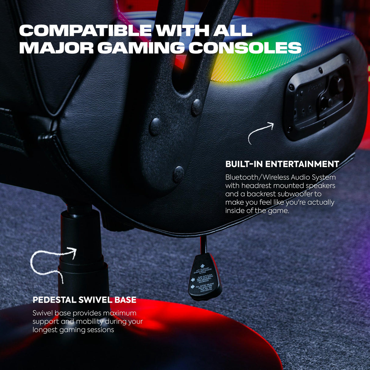 X Rocker Prism RGB LED Lounging Video Gaming Pedestal Chair with Armrests, Wireless Bluetooth Audio, Foldable, Vegan Leather, Amazon Exclusive, Black X Rocker