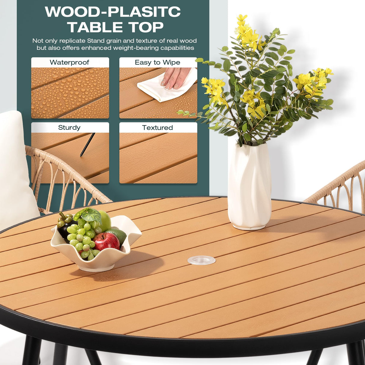 Pamapic 7 Pieces Outdoor Dining Set,All-Weather PE Rattan Patio Dining Sets with Wood Table Top, Outdoor Table and Chairs for 6 with Removable Cushion for Lawn Garden Patio, Cream Pamapic