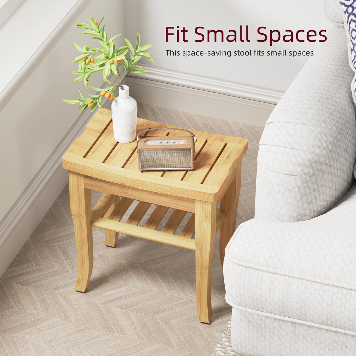 BEKVEM Bamboo Shower Bench, Spa Small Shower Stool for Inside Shower Waterproof, Bathroom Bench Seat with Storage Shelf for Adults Elderly Seniors, Wood Chair for Indoor or Outdoor Use, Natural BEKVEM