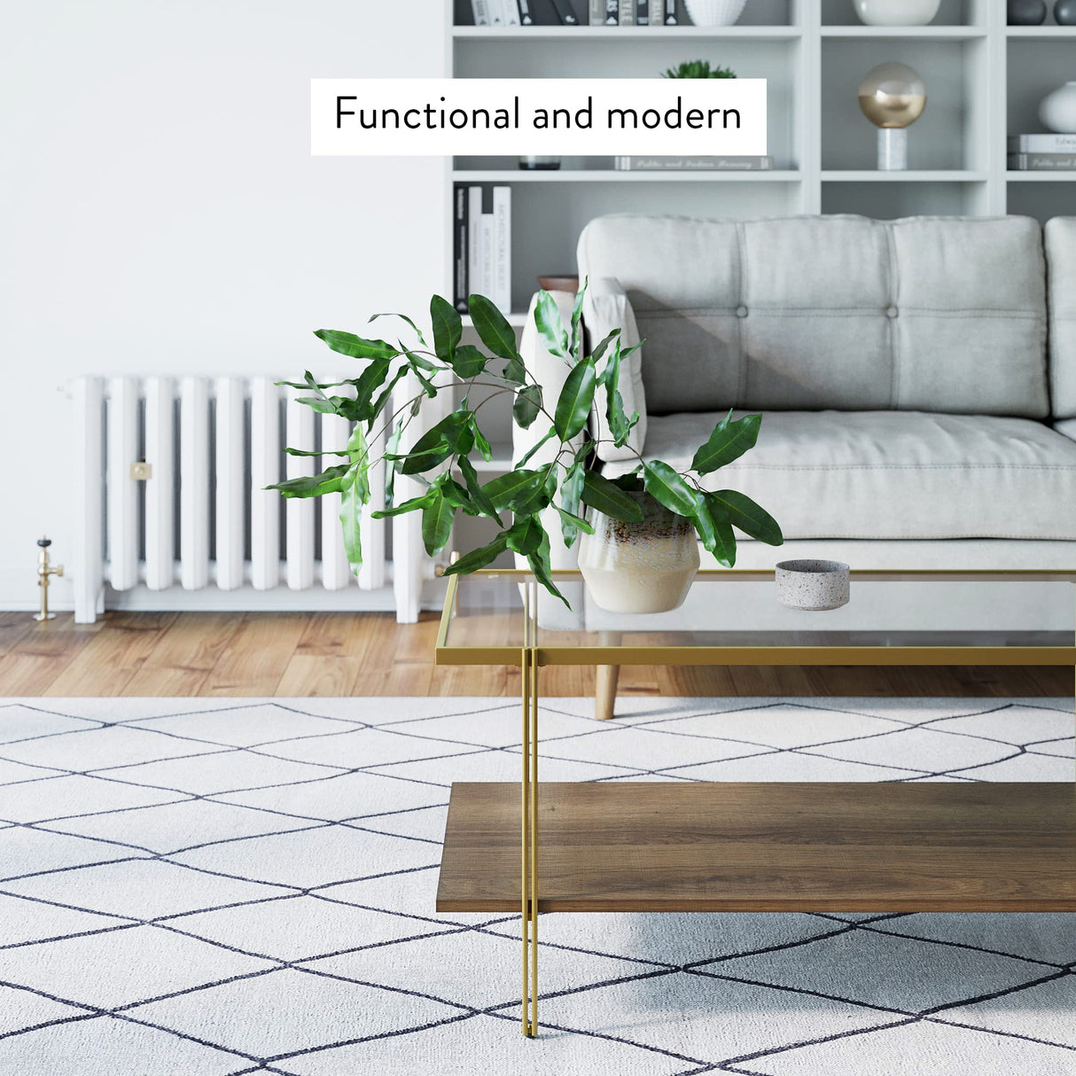 Nathan James Asher Mid-Century Rectangle Coffee Table Glass Top and Rustic Oak Storage Shelf with Sleek Brass Metal Legs, Gold Nathan James