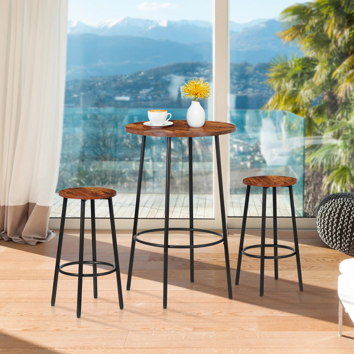 SUPER DEAL Round Pub Dining Set, 3 Piece Small Kitchen Table Set with 2 Counter Height Wood Bar Stools for Kitchen Breakfast, Living Room, Small Space, Rustic Brown SUPER DEAL