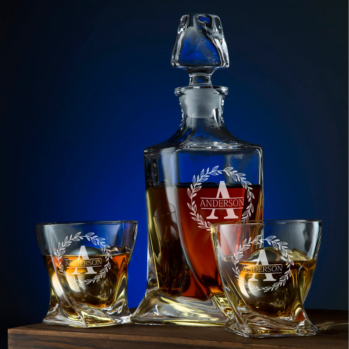 Personalized Whiskey Decanter and Stones Set - Customized Gift for Him - Men, Dad, Father - Engraved Twisted Whiskey Decanter, 2 XL Glasses, 2 XL Frolk