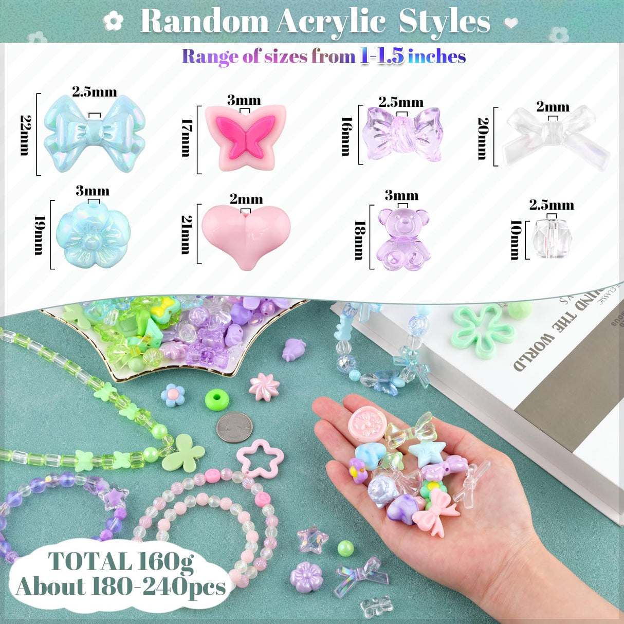 180-240PCS Assorted Acrylic Beads For Bracelet Making, Flower Bow Butterfly Candy Star Heart GummyBear Kawaii Aesthetic Bracelet Charms,Cute Beads For Jewelry Making DIY Necklace Keychain Phone Charms TINKRSTUFF