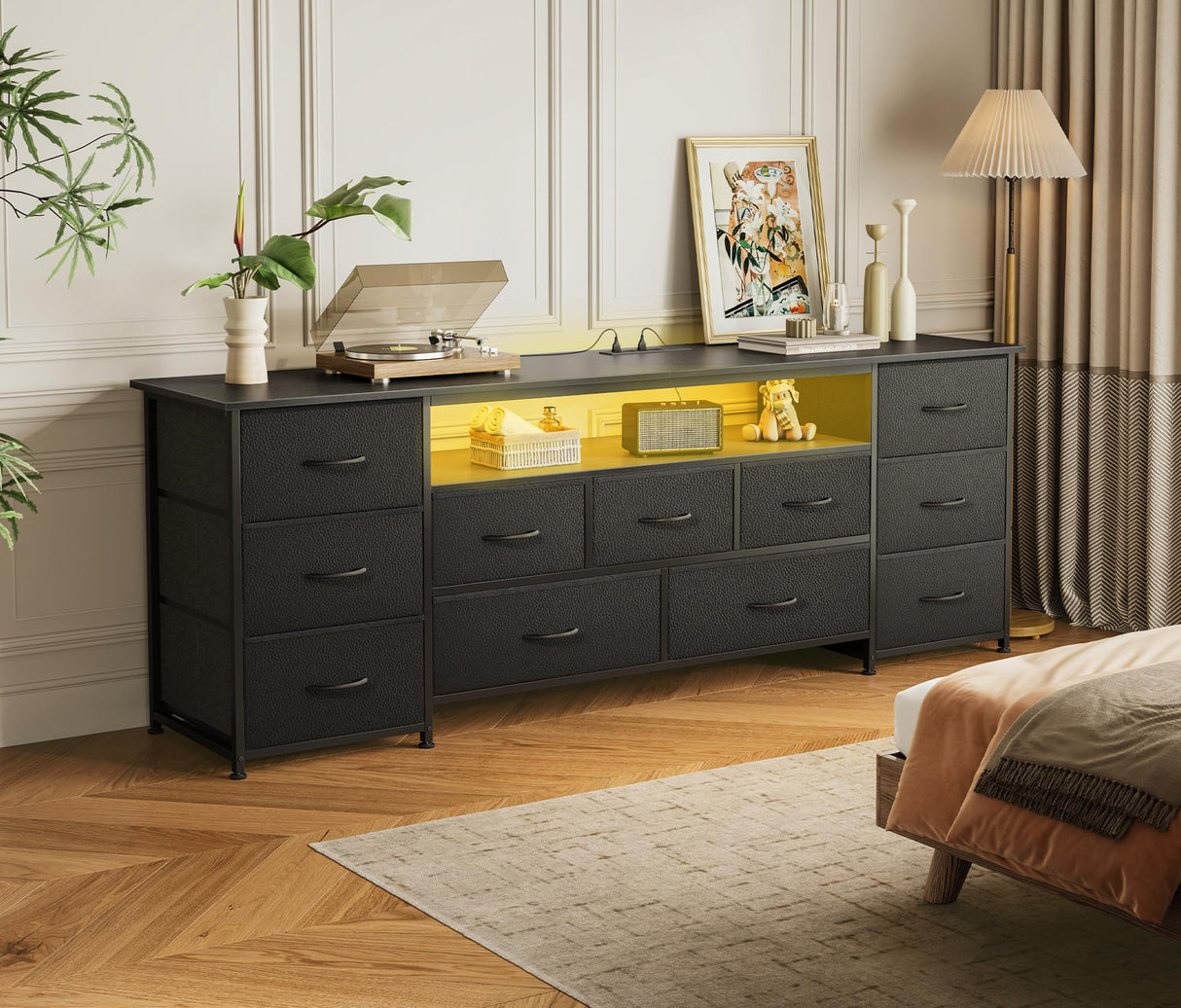 Huuger 63 Inch TV Stand for 65, 70 Inch TV, 11 Drawer Long Dresser with Power Outlets and LED Lights, Entertainment Center with Storage, Black Dresser with PU Leather Surface Huuger