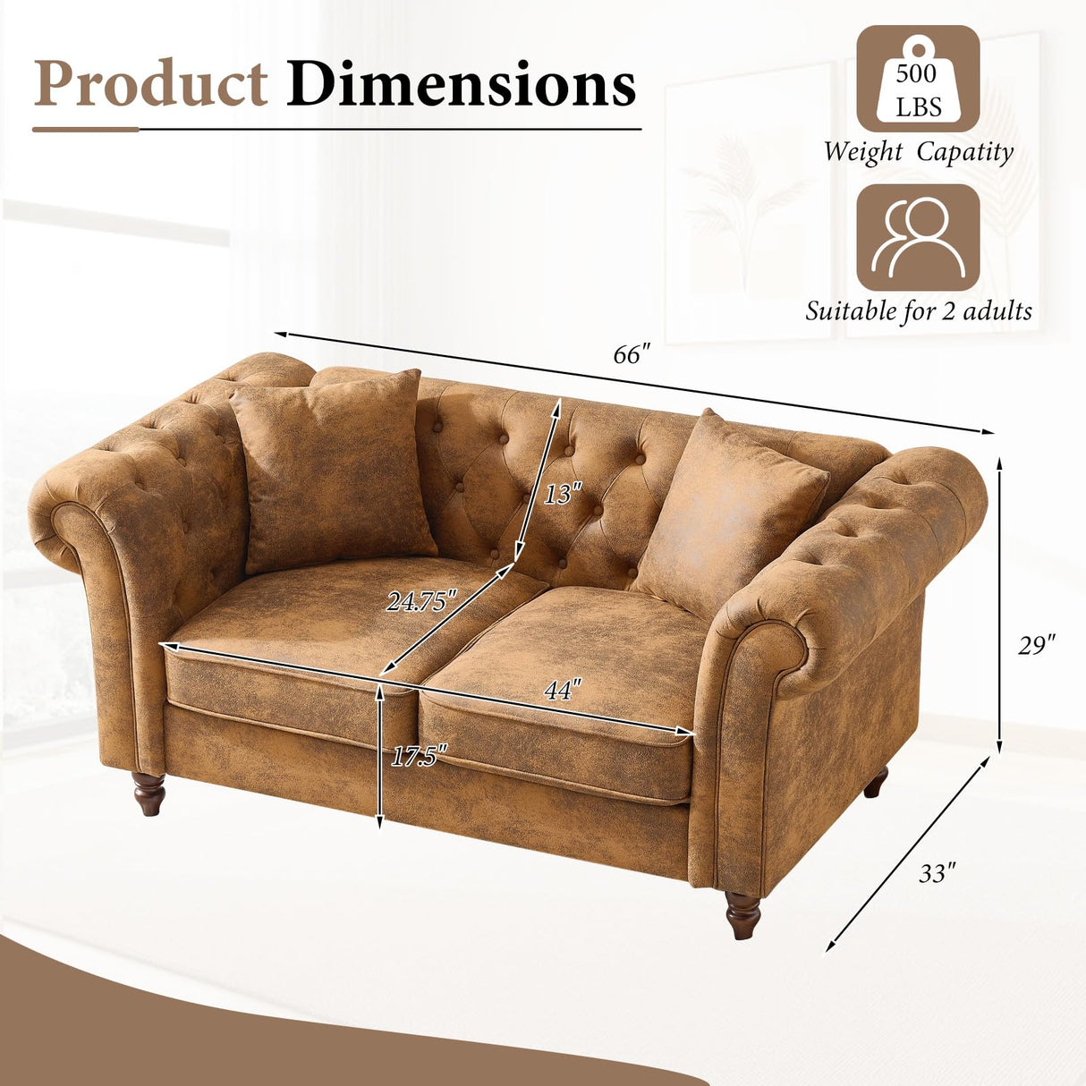 66" Chesterfield Tech Fabric Loveseat Sofa, High-Tech Fabric Upholstered Rolled Arm Couch, Tufted Mid Century Modern 2-Seater Sofa for Living Room, Office, Small Apartment,Brown TTK