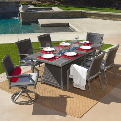New Upgrade 7-Piece Rattan Patio Furniture Set, 76" Propane Fire Pit Table 50,000 BTU, 4 Dining & 2 Swivel Chairs Included, Cushion, CSA Certified, for Garden Backyard Outdoor Dining and Conversations