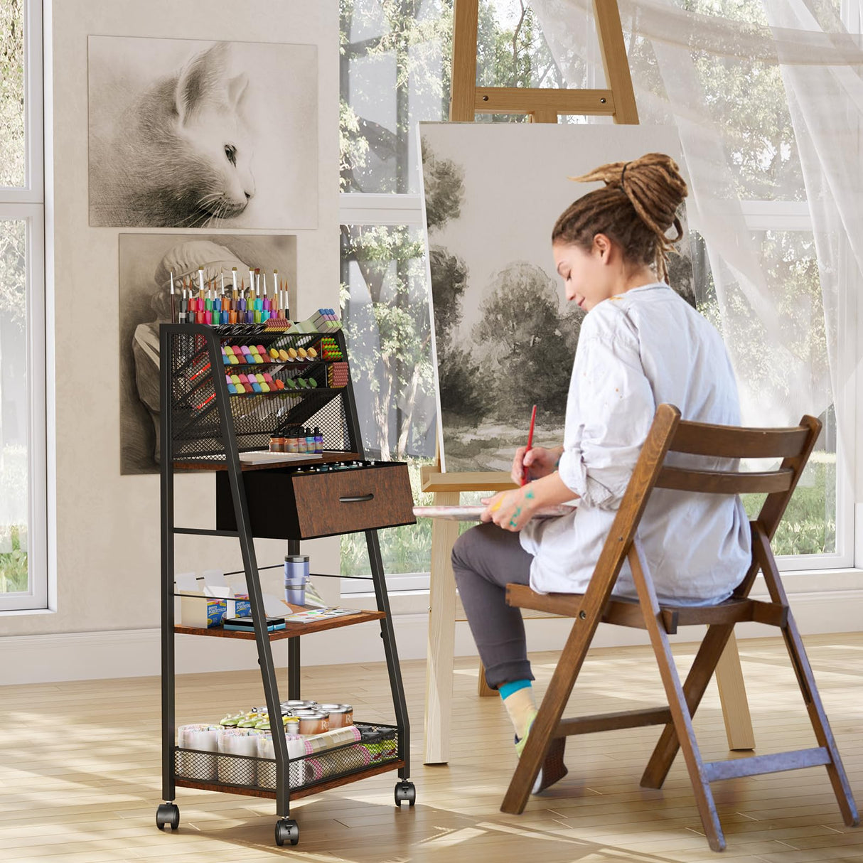 Homsorout 3 Tier Rolling Cart - Metal Utility Cart with Storage Drawer and Wheels, Versatile Art & Craft Organizer for Home, Office, or Studio - Ideal for Storing Brushes, Paints, and Supplies Homsorout