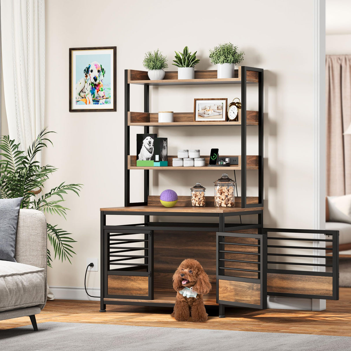 DWVO Dog Crate Furniture with Storage Shelves, Heavy Duty Dog Crate with Charging Station, 39 Inch Dog Kennel Indoor Furniture for Large Dogs, Modern Decorative Dog Crate with Double Doors, Brown DWVO