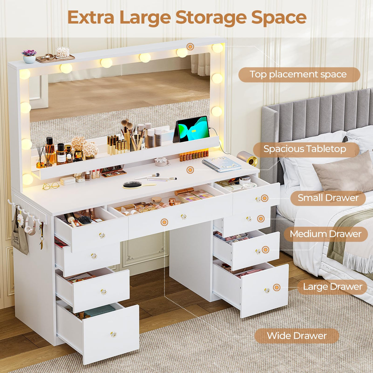 Hasuit Makeup Vanity Desk with Large Lighted Mirror and 9 Drawers, Large Vanity Desk with Storage Rack, Hook, Crystal Handle, White Bedroom Vanity Table Set with Charging Station, Lights Adjustable Hasuit