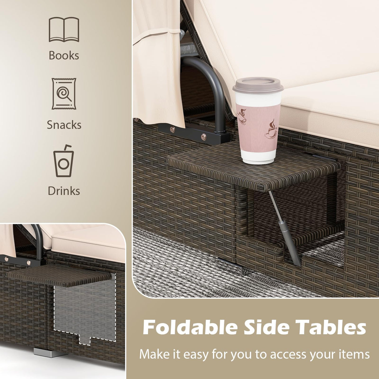 RELAX4LIFE Outdoor Daybed with Retractable Canopy - Wicker Double Chaise Lounge w/6-Position Backrest, 2 Folding Side Trays & Cushions, 2-Seater Loveseat Sunbed for Backyard, Rattan Patio Bed Lounger RELAX4LIFE