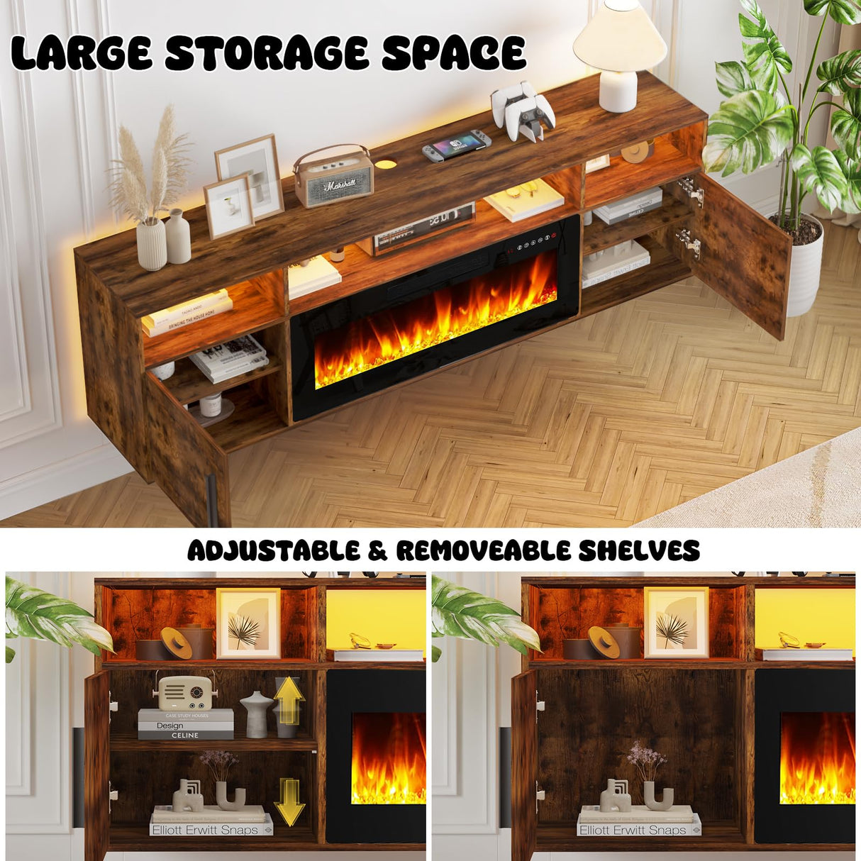 LEMBERI Floating Fireplace TV Stand 70'' Wall Mounted Shelf, LED Light Entertainment Center and Storage, Modern Wood Media TV Console with Highlight Cabinet for Living Room (Brown) LEMBERI