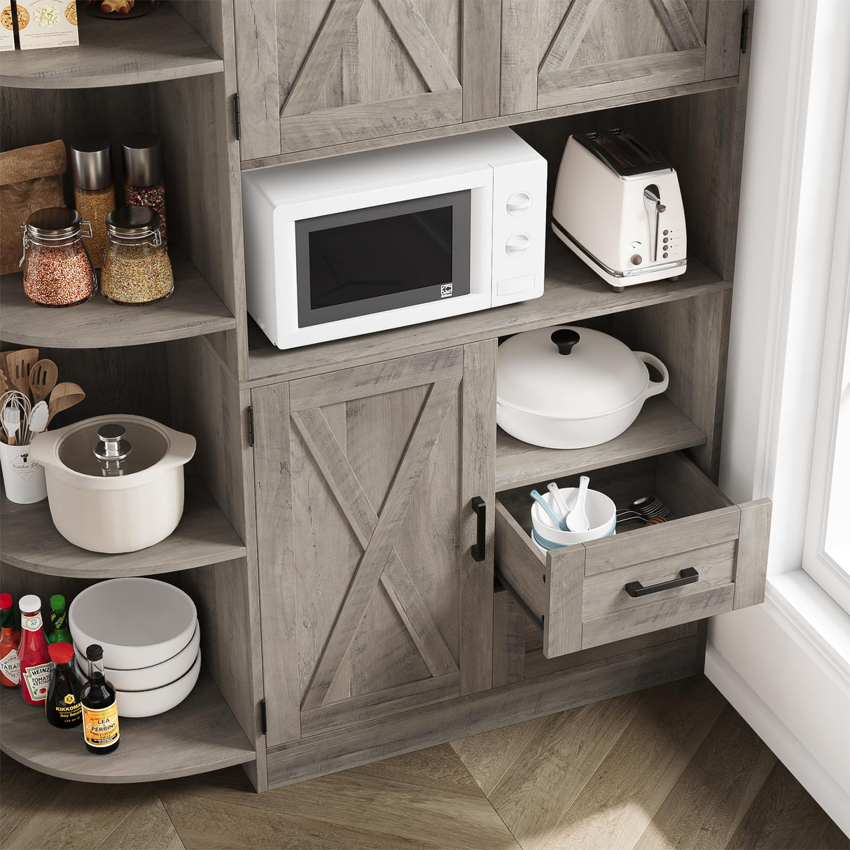 HOSTACK 60.4" Farmhouse Kitchen Pantry Storage Cabinet, Freestanding Hutch with Doors & Shelves, Buffet Sideboard with Microwave Stand, Coffee Bar with Drawers, Cupboard for Dining Room, Ash Grey HOSTACK