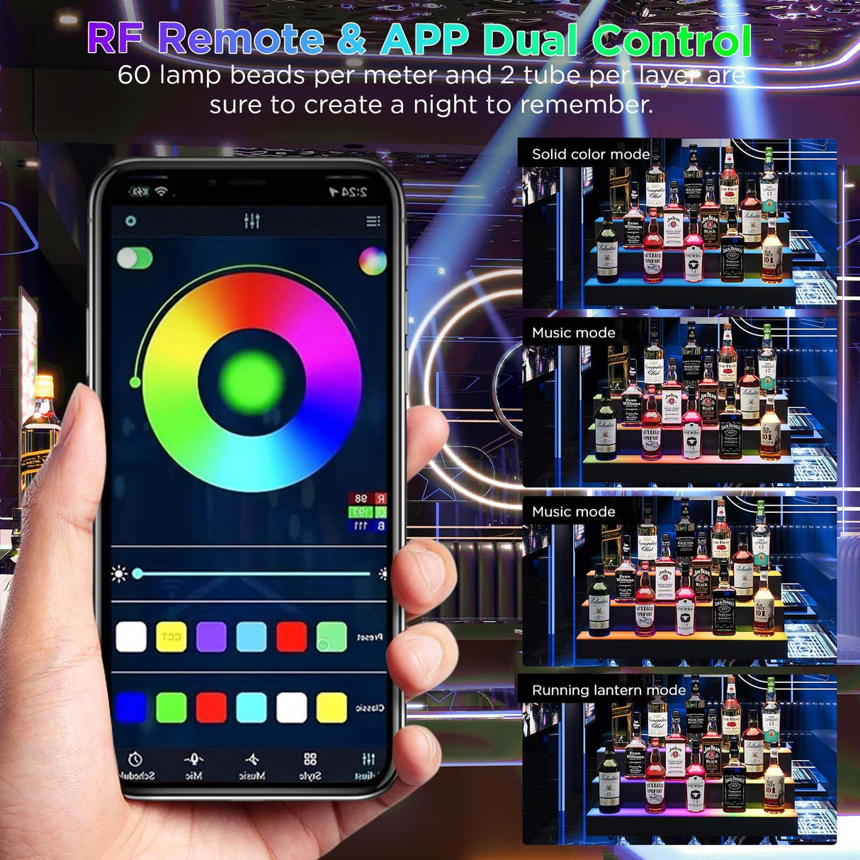 Dethan 1 Tier 24 Inch LED Lighted Liquor Bottle Display Shelf - Wine Racks with Multi-Color App & Wireless Remote Control, Adjustable Brightness & Sound Modes, Acrylic Bar Shelves for Home Bar Display Dethan