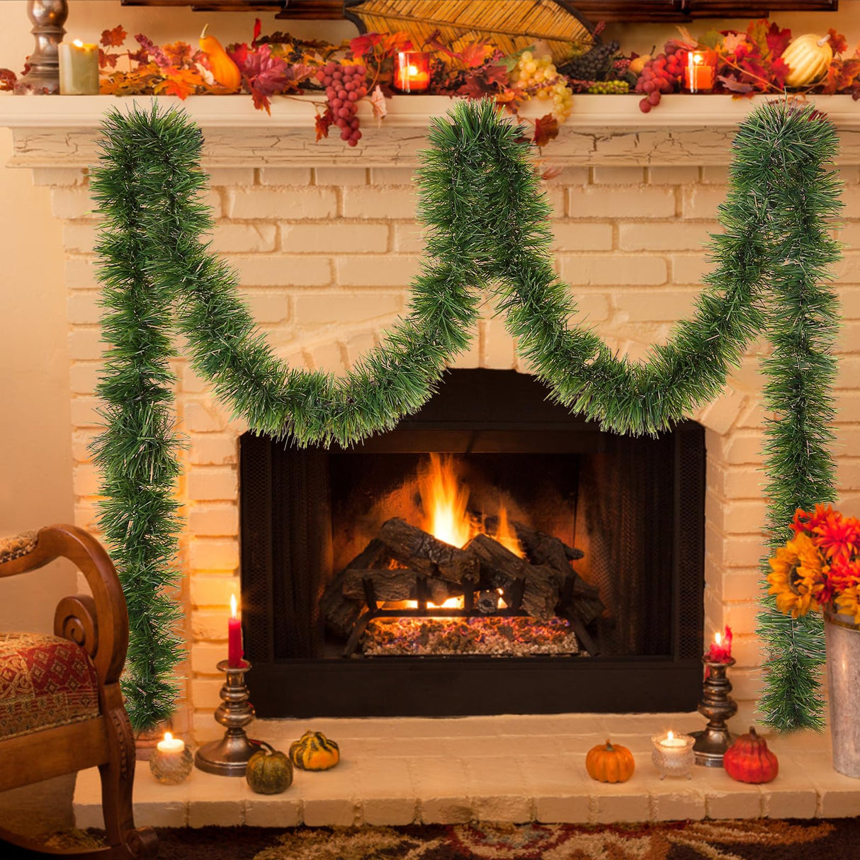 Green Garland Christmas Decorations,50Ft Xams Greenery Tinsel Stems Non-Lit Soft Twist Garland Decor for Tree Stairs Railing Front Door Mantle Fireplace Indoor Outdoor Holiday Home Hongsome