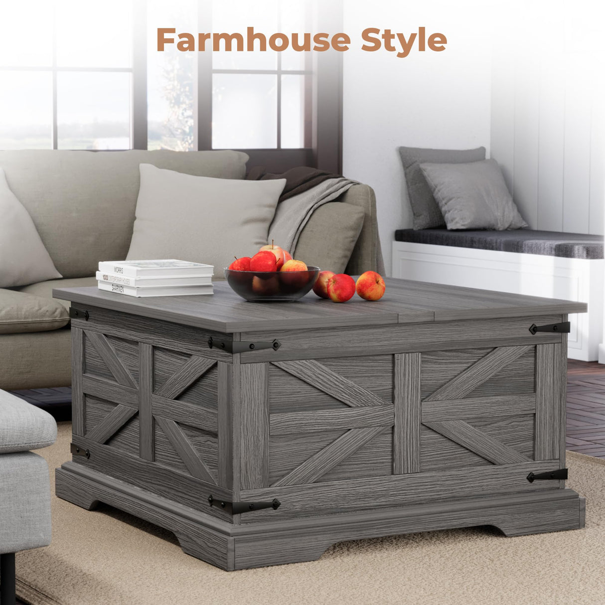 VVFLU Farmhouse Coffee Table with Storage, Square Center Table for Living Room, Rustic, Hinged Lift Top Soft Close, Wood, Large Hidden Storage, Modern, Metal Corner, Grey VVFLU
