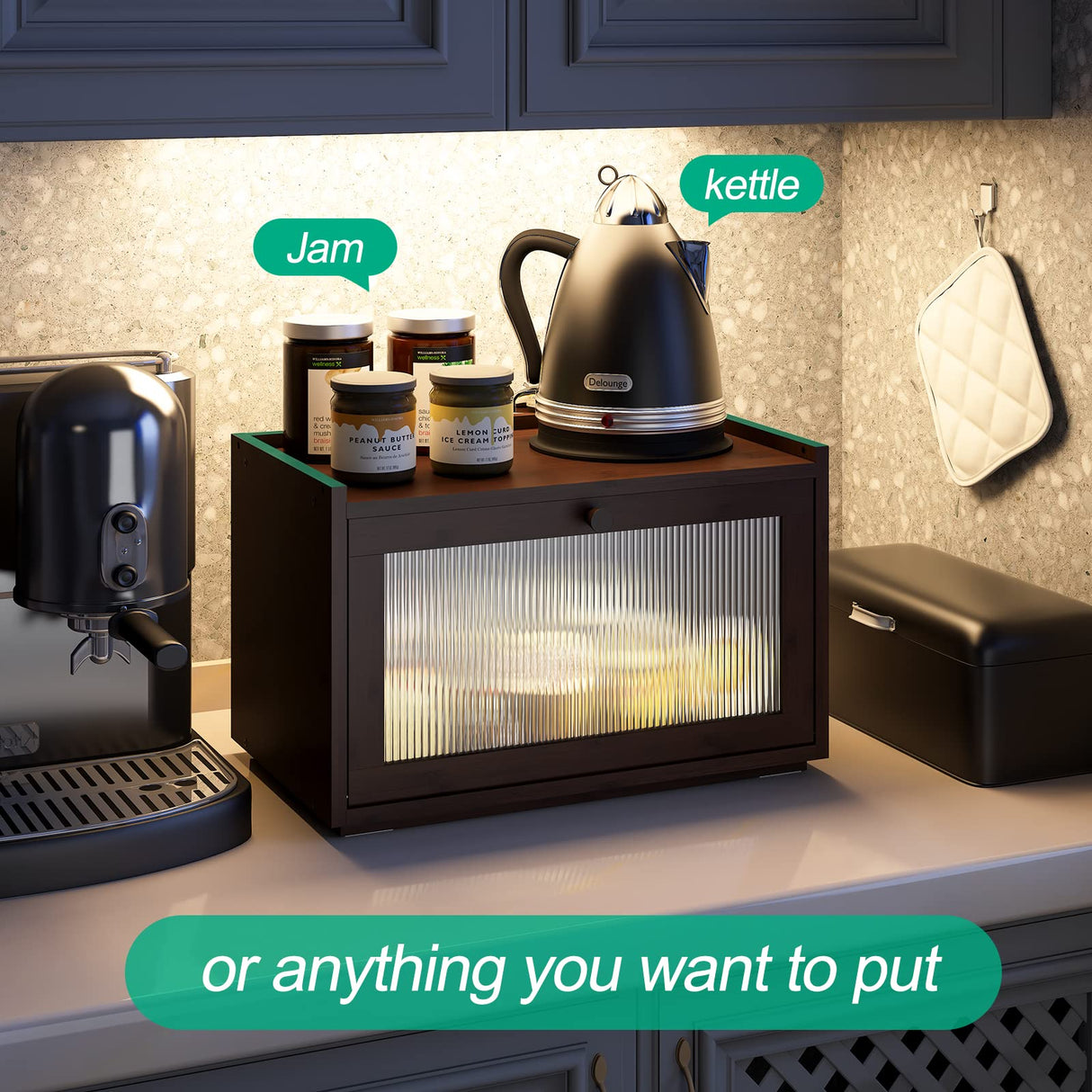 kiplant Large Bread Box for Kitchen Counter, Bamboo Bread Storage Container with Wavy Arcylic Transparent Door, Bamboo Wooden Farmhouse Bread Box for Your House (Brown) kiplant