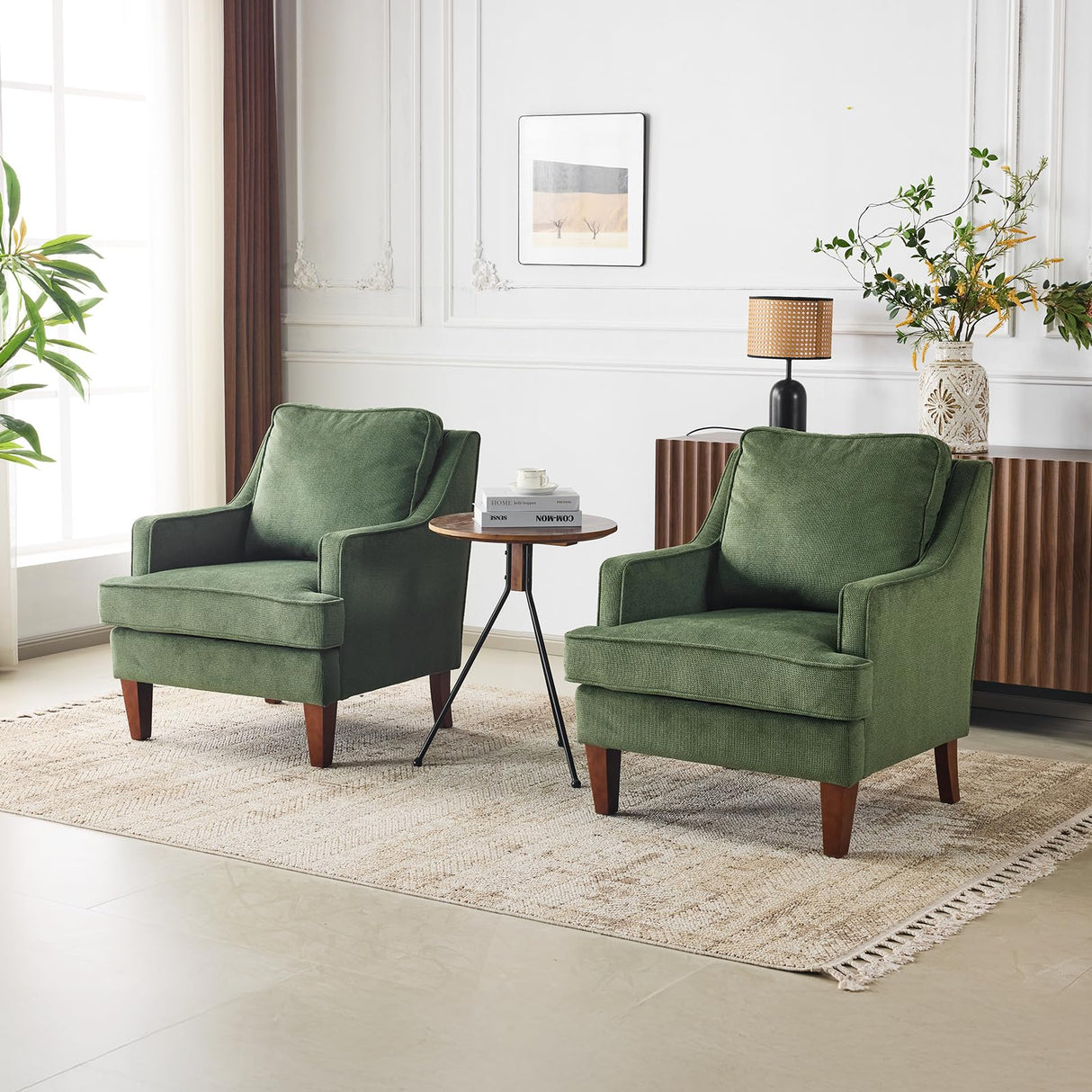 VINGLI Mid-Century Accent Chairs Set of 2, Green Upholstered Armchair Comfy Sofa Chairs Reading Chair High Back Living Room Bedroom Furniture for Apartment VINGLI