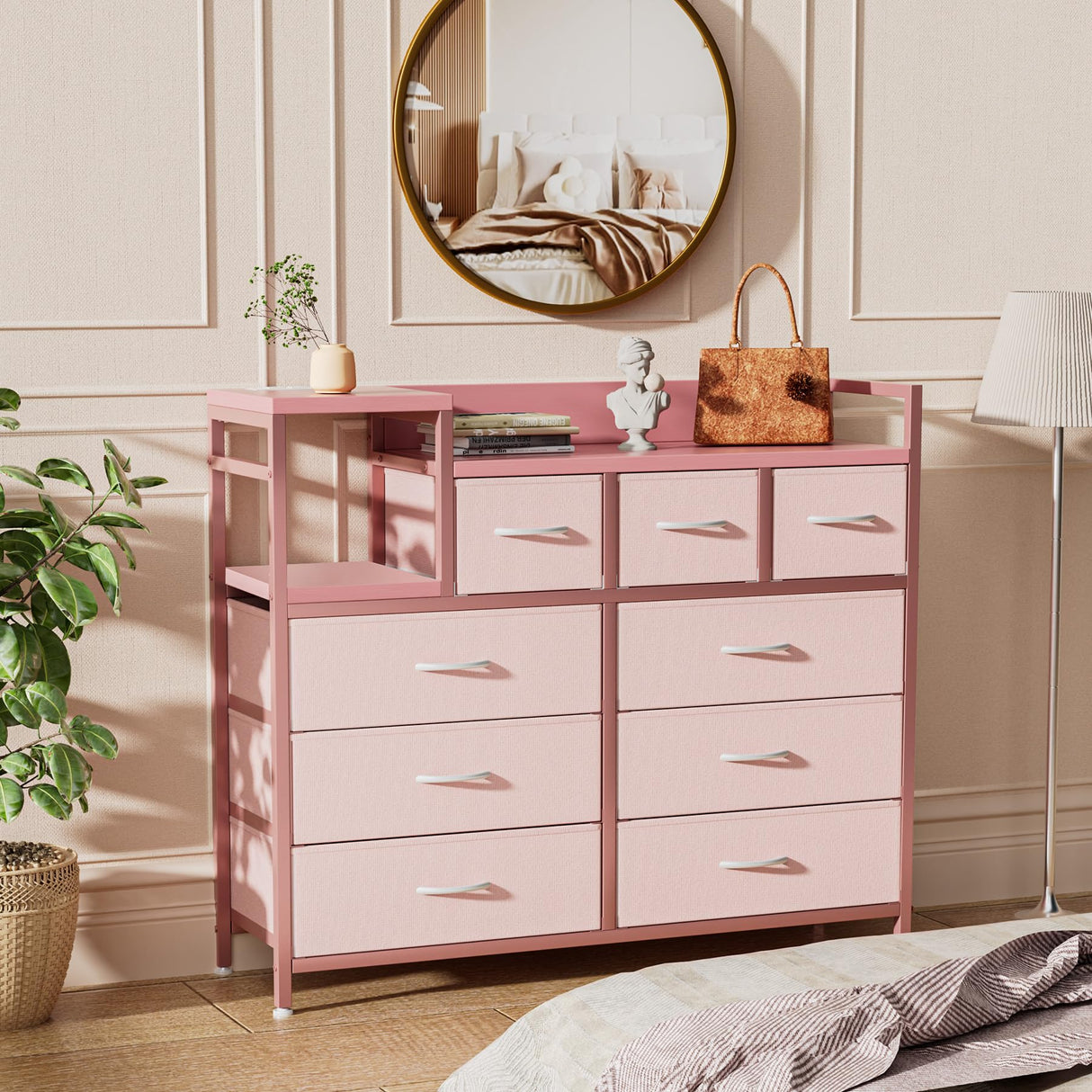 GAOMON Dresser TV Stand with Power Outlet, Bedroom Dresser with 9 Drawers, Chest of Drawers for Living Room, Hallway(Pink) GAOMON
