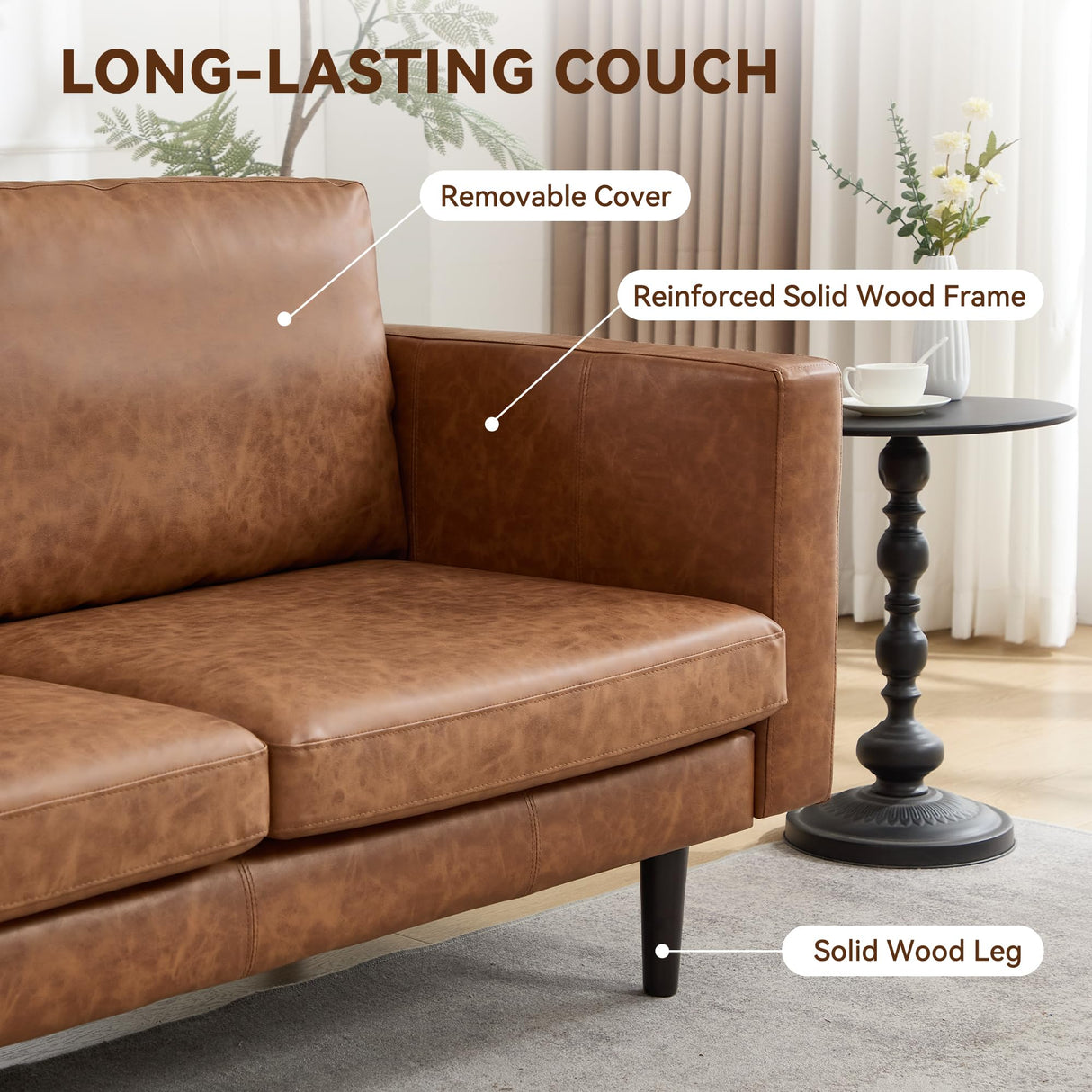 Kingfun 65" Loveseat Sofa, Faux Leather Love Seat Couch, Mid Century Modern Couch with Solid Wooden Frame for Living Room & Bedroom in Small Spaces, Brown Kingfun