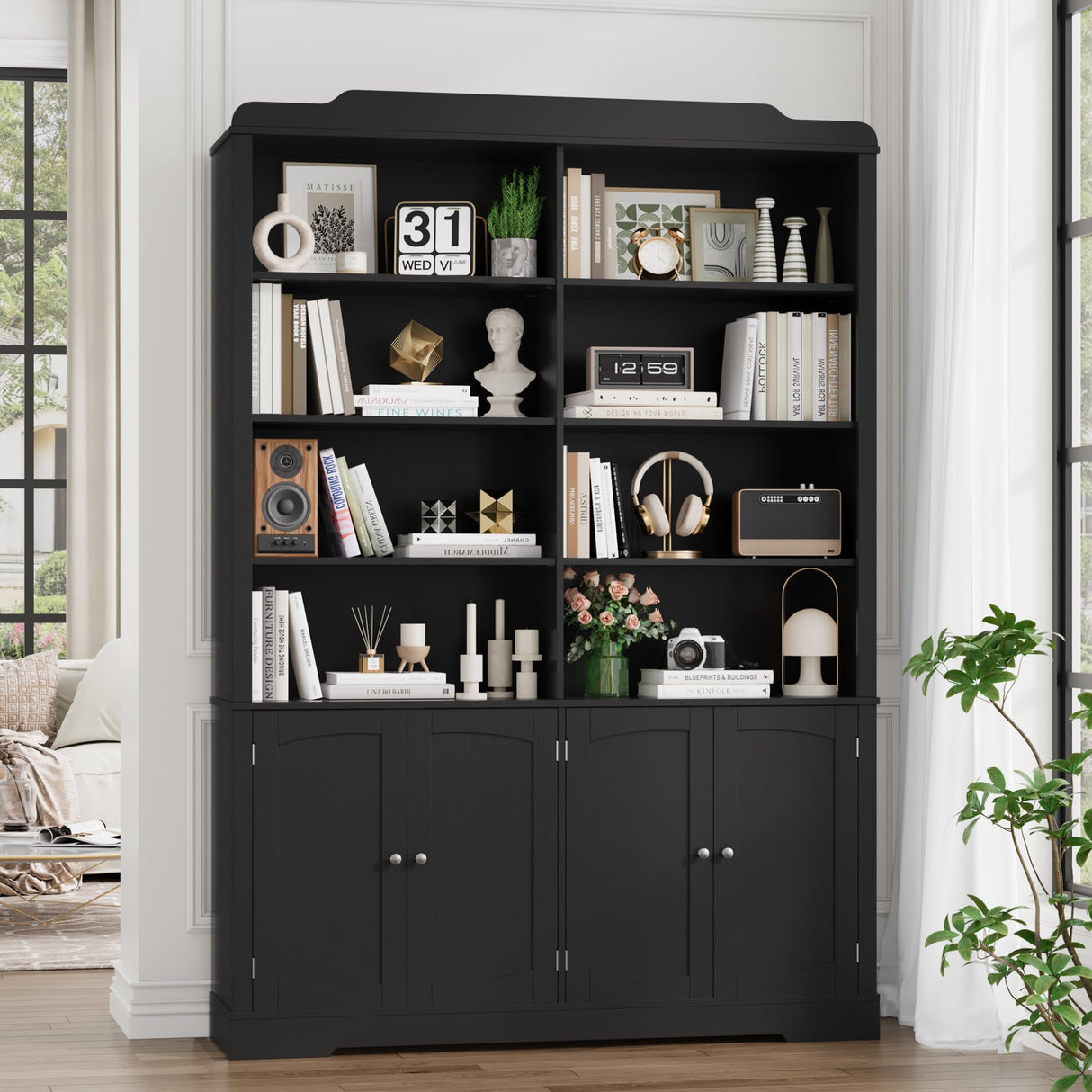 FACBOTALL 73.1" Bookcase with Doors,6 Tier Large Bookshelf with Storage,Adjustable Shelves & Curved Doors,11.9" Depth Bookcase and Bookshelf, Tall Storage Cabinet for Home Office, Living Room,Black FACBOTALL