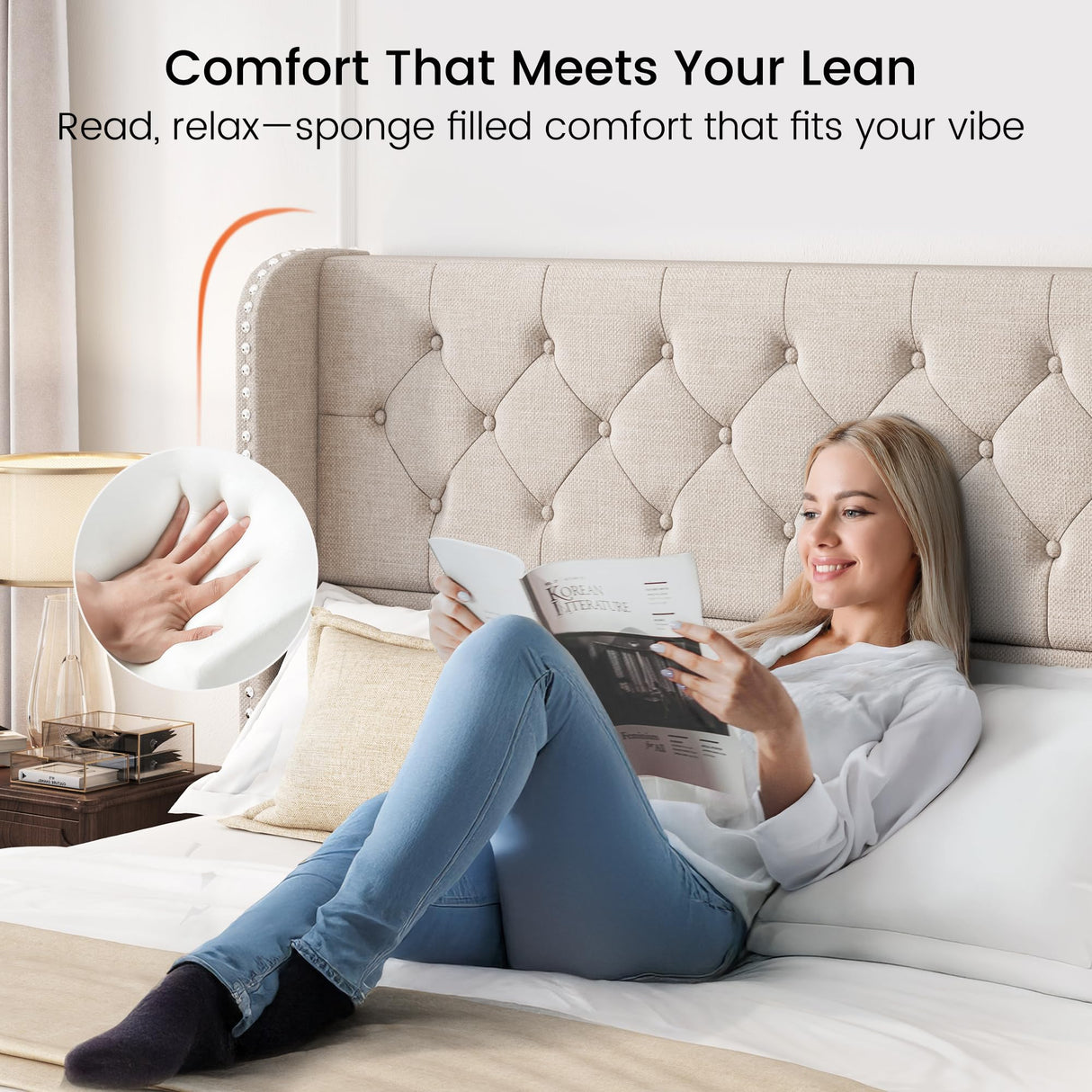 LARMACE King Size Bed Frame with 4 Storage Drawers and Tufted Headboard Linen Upholstered Platform Bed Frame Wingback Beds with Wooden Slats Support, Easy Assembly, Beige LARMACE