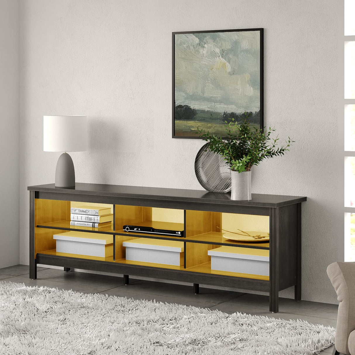 WAMPAT LED TV Stand for 75 inch TV, Wood Entertainment Center with 16 Color LED Light, Farmhouse TV Console Table with 6 Storage for Living Room Bedroom, 70 Inch, Black WAMPAT