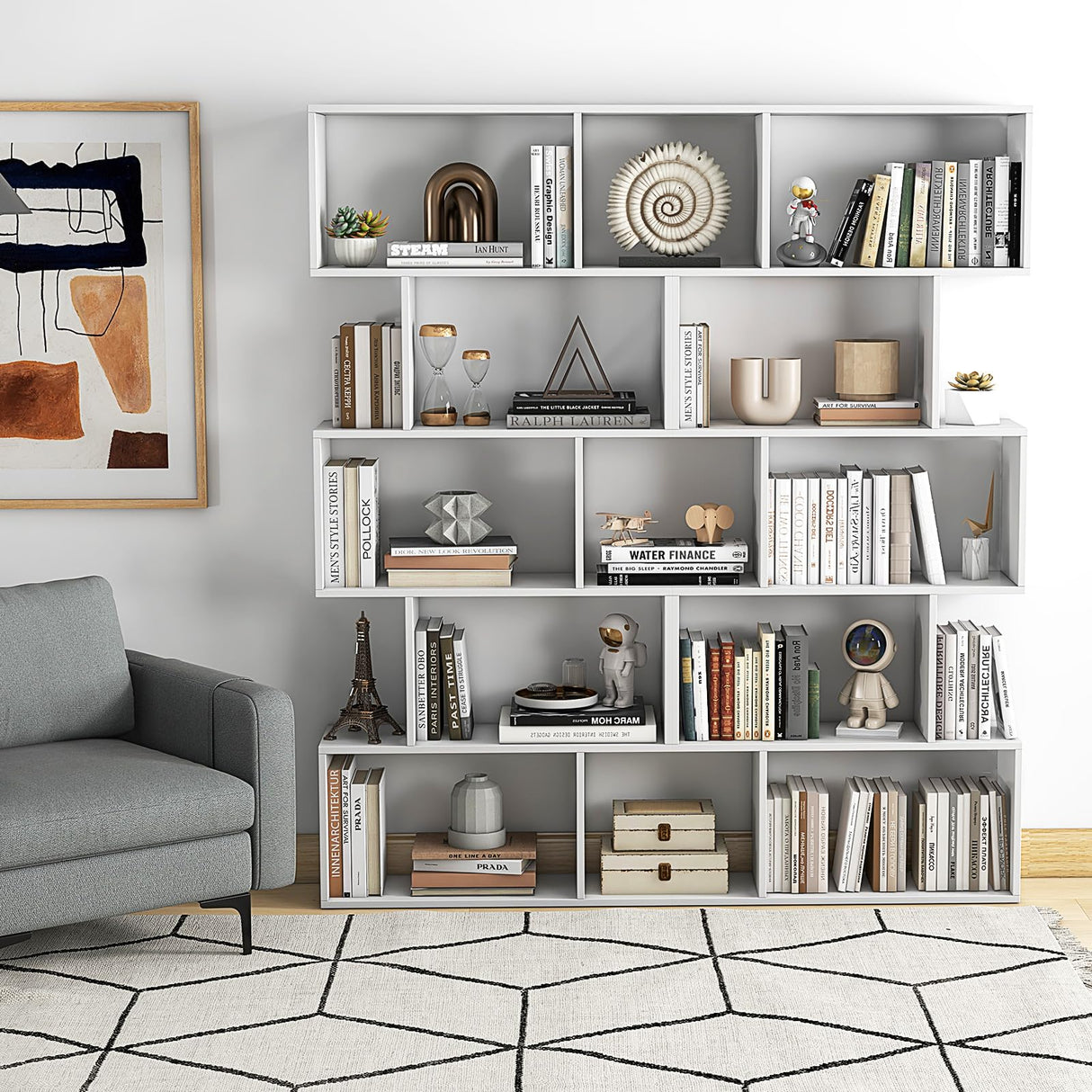 Byroce 5-Tier Geometric Bookcase Set of 2, 62.5” Freestanding Room Divider Bookshelf with Open Display Shelves & Anti-tip Device, Wood S-Shaped Storage Organizer for Living Room, Bedroom & Home Office WoodArtSupply