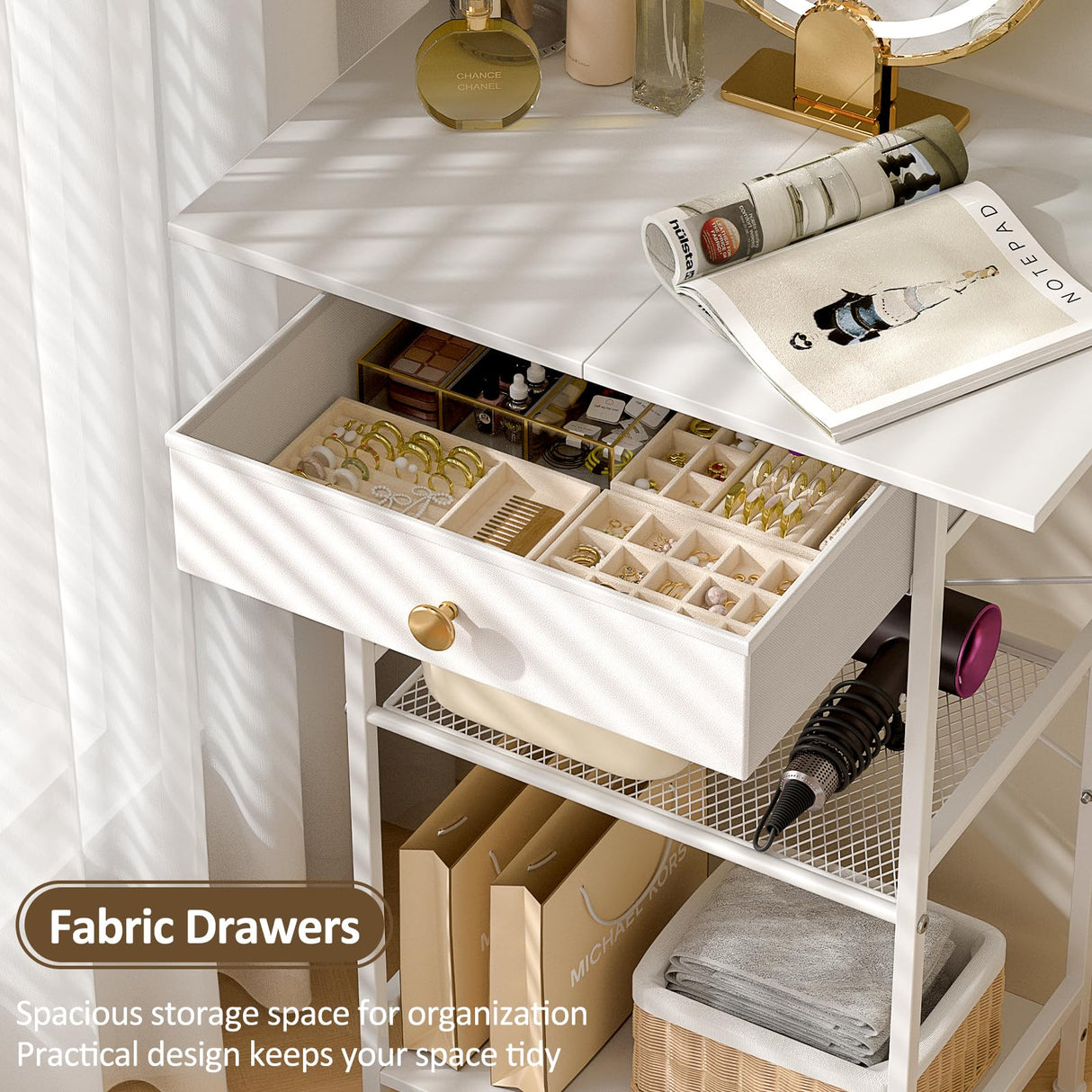 3IngSeagulls Small Vanity Desk Without Mirror, Makeup Vanity Table for Small Space, Compact White Dressing Table with Fabric Drawers, Makeup Vanity with Storage for Bedroom, White, 23.6in(W) 3IngSeagulls