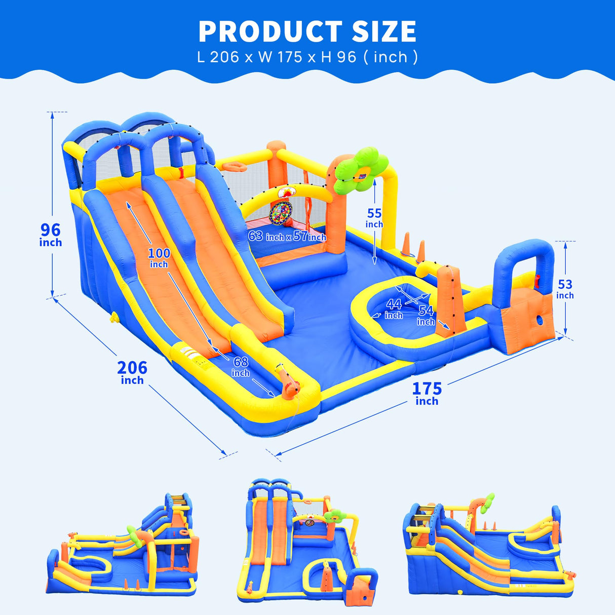 WELLFUNTIME Inflatable Water 3 Slides Park with Blower, Inflatable Bounce House with Climbing Wall, Water Cannon, Dartboard, Flower Sprayer and Deep Pool WELLFUNTIME