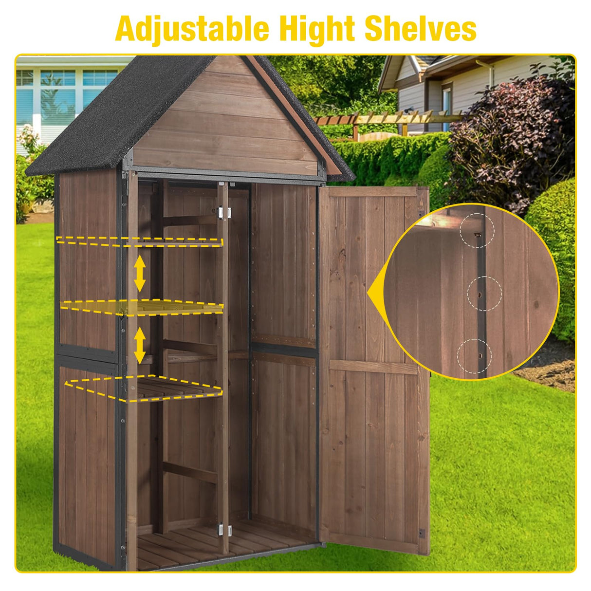 Outdoor Storage Shed,Vertical Wooden Tool Shed with Waterproof Roof,Adjustable 3 Tiers Shelves,Storage Tool Cabinet Box with Metal Frame Sloped Roof for Backyard Garden Patio Lawn (Dark Brown) Aivituvin