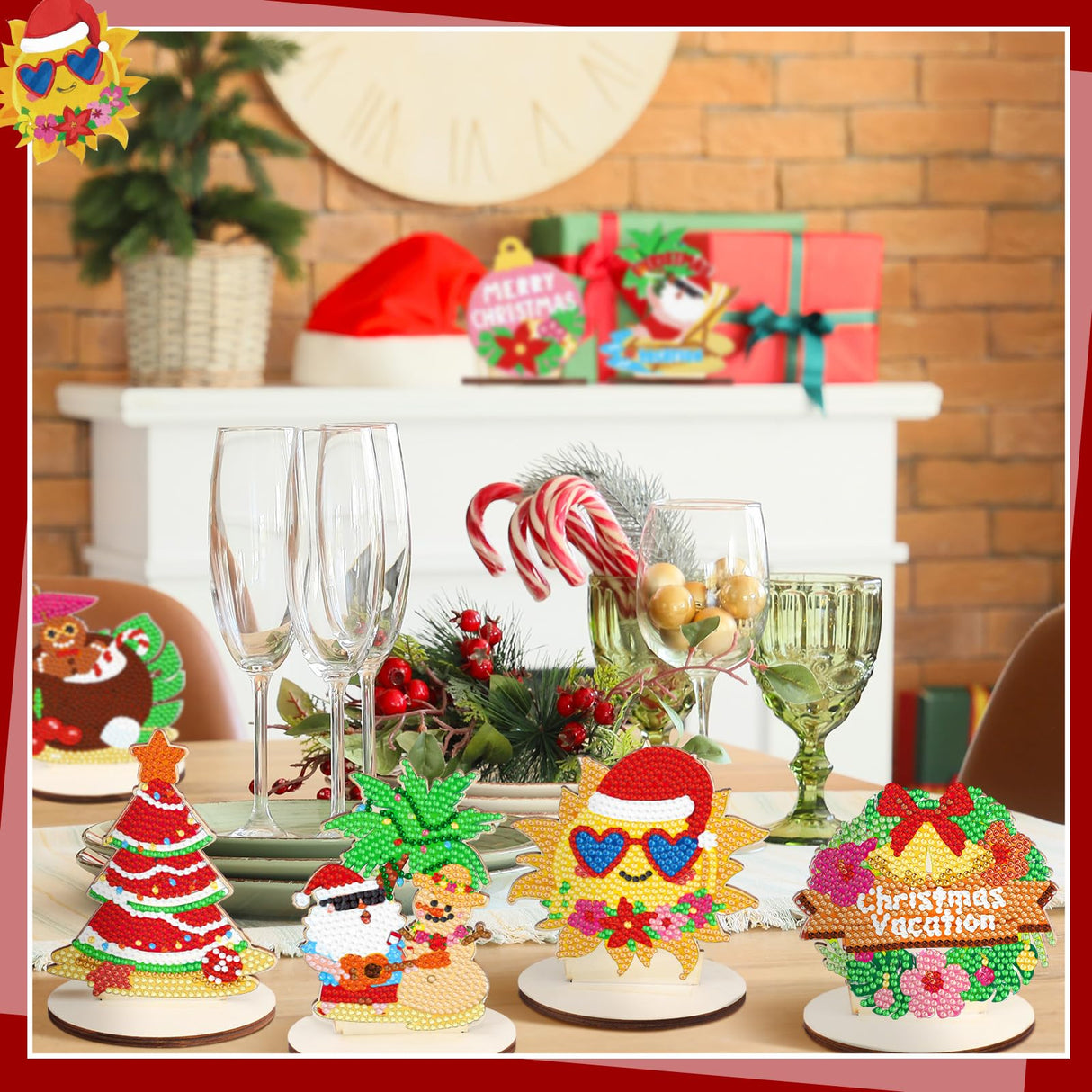 9 Pcs Christmas in July DIY Diamond Art Painting Kit Summer Beach Santa Tree Tabletop Diamond Art Painting Craft Ornament for Tropical Christmas Luau Party Decorations Briwooody