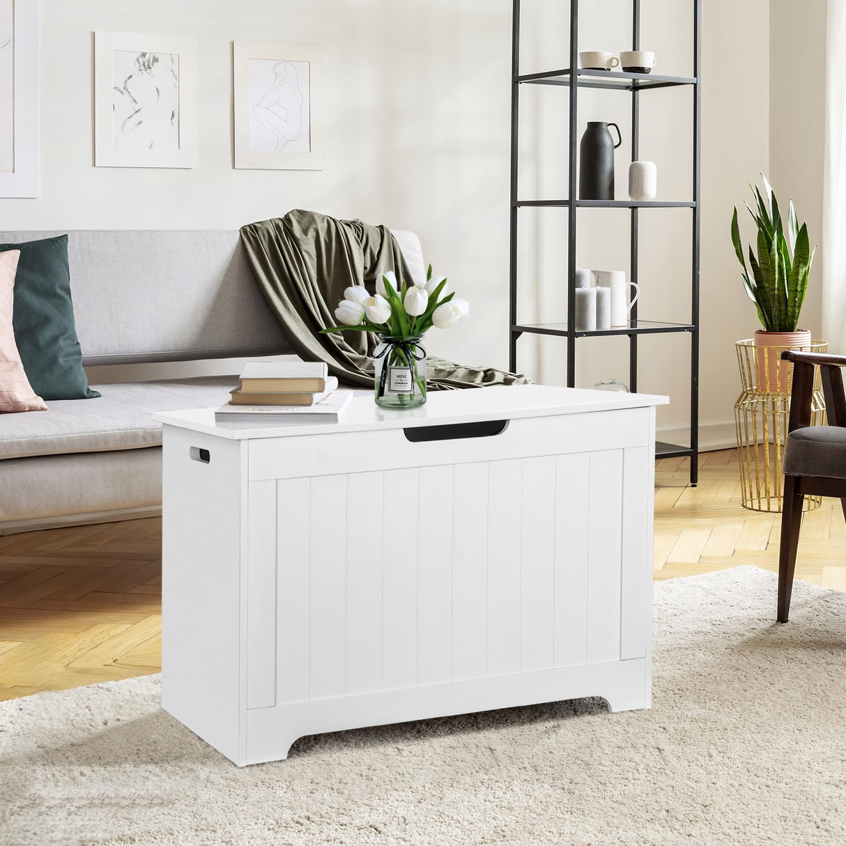 ZENY Lift Top Storage Cabinet Bench, Wooden Chest Room Organizer Bin with 2 Safety Hinges (White) ZENY