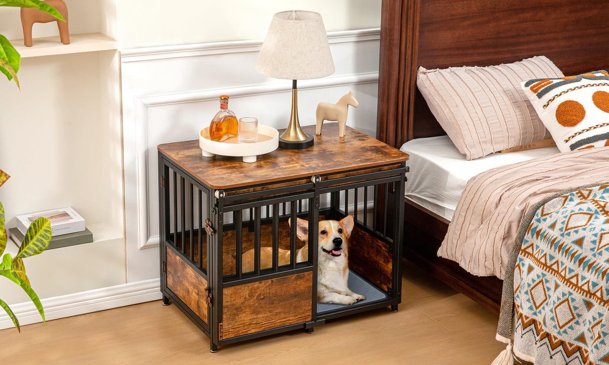 KOOPRO 32 Inch Dog Crate Furniture with Cushion for Large Medium Dogs, Wooden Heavy Duty Dog Kennel with Double Doors, Decorative Pet House Dog Cage Side End Table Indoor, Sliding Door Chew-Resistant KOOPRO