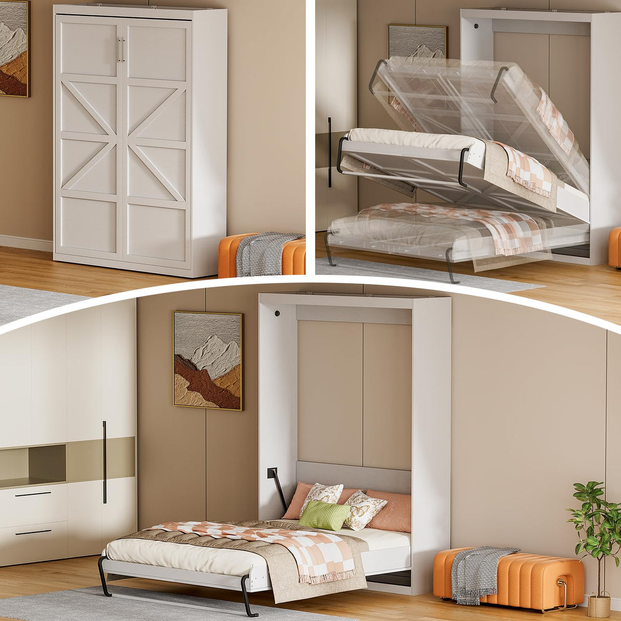 ROOMTEC Space-Saving Full Size Murphy Wall Bed - Modern White Furniture for Bedroom and Home Office ROOMTEC