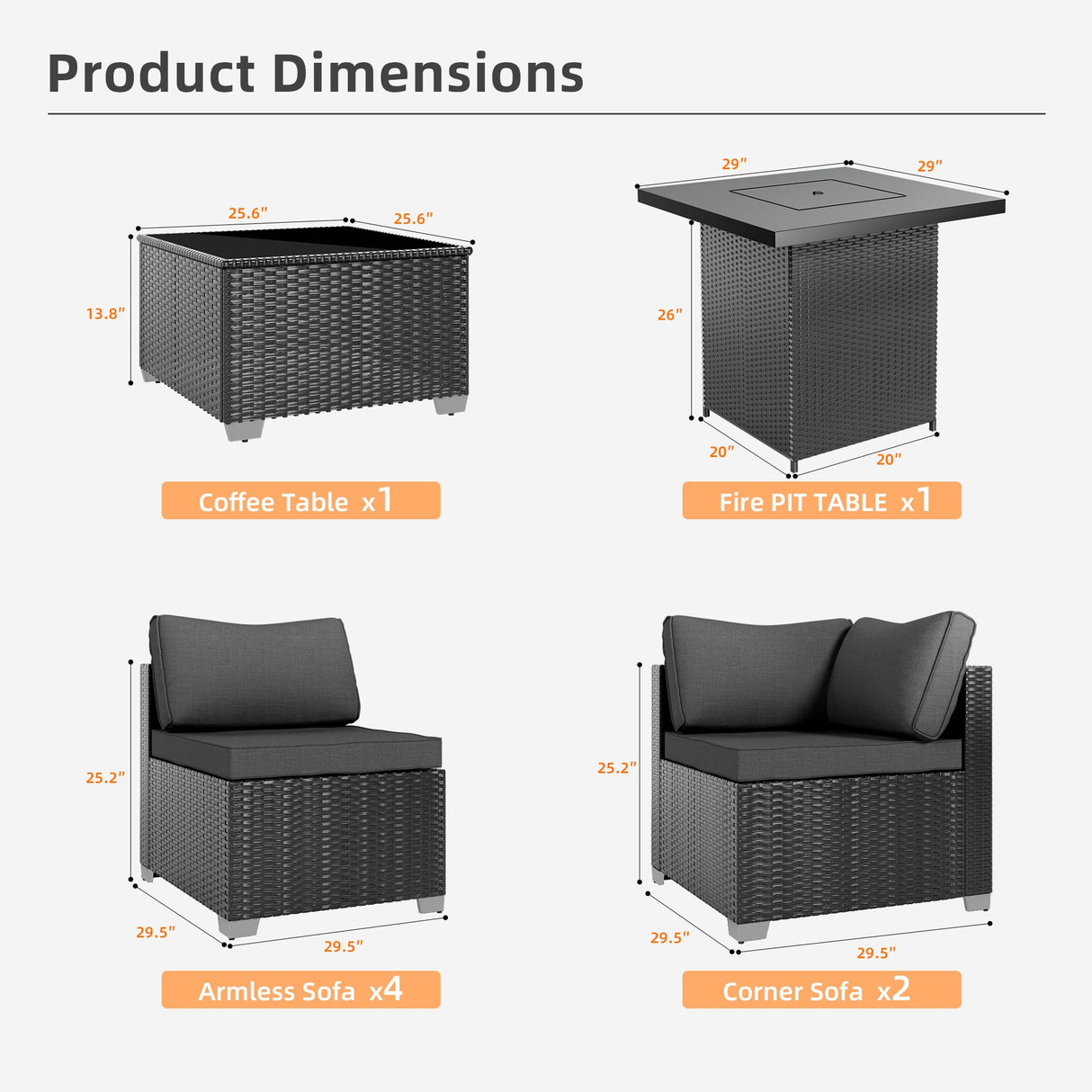 8-Piece Outdoor Patio Sectional Sofa Set with Fire Pit Table – PE Wicker Rattan Modular Conversation Furniture, Cushions & Clips Included – Patio Couch for Porch, Backyard, Poolside, Garden ELEGIBLISS