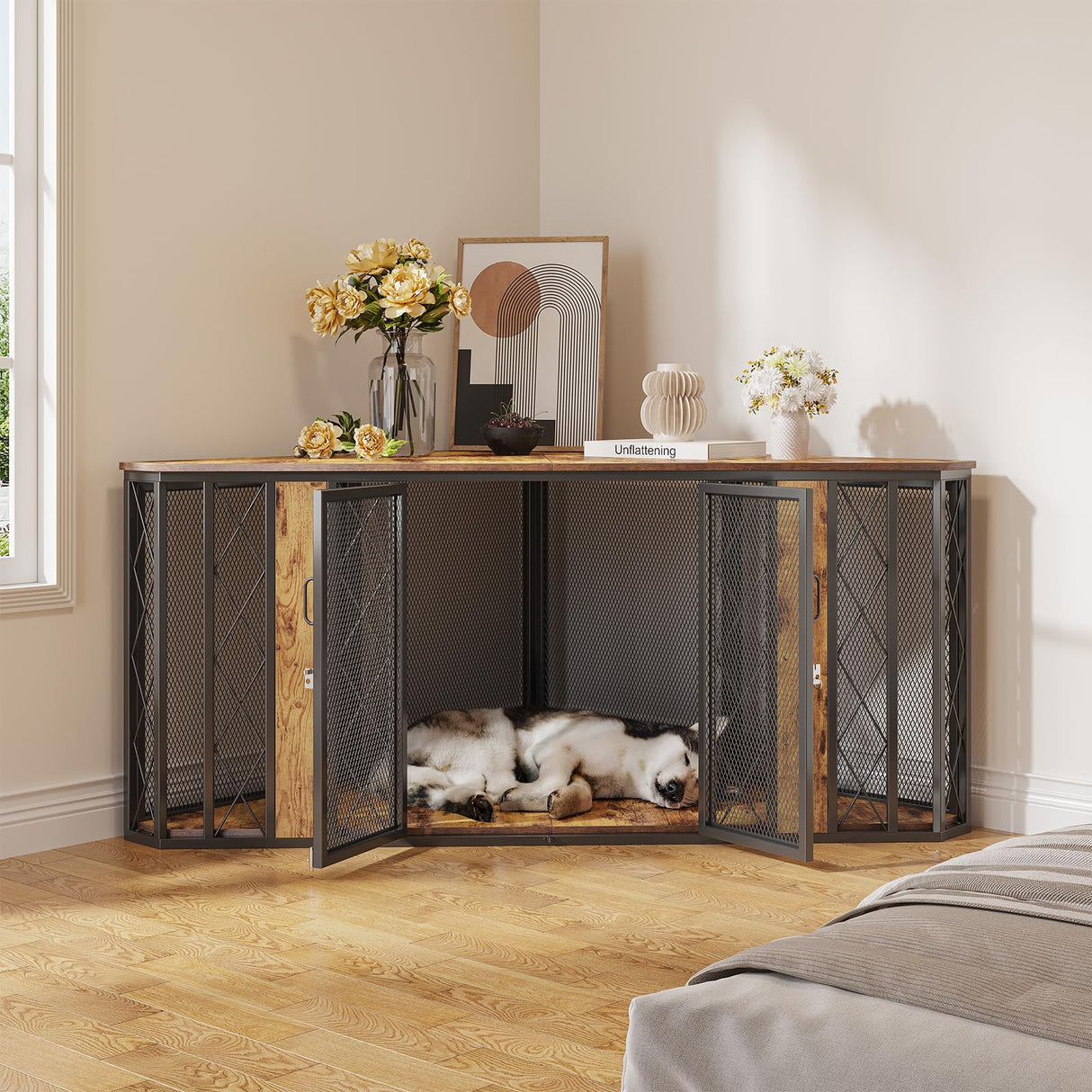 πππͺπππ¨π’ 67" Corner Dog Crate Furniture for Large Breed, Large Wooden Dog Kennel Furniture with 2 Doors, Decorative Dog Crate, Dog Kennel Tv Stand End Table Saudism