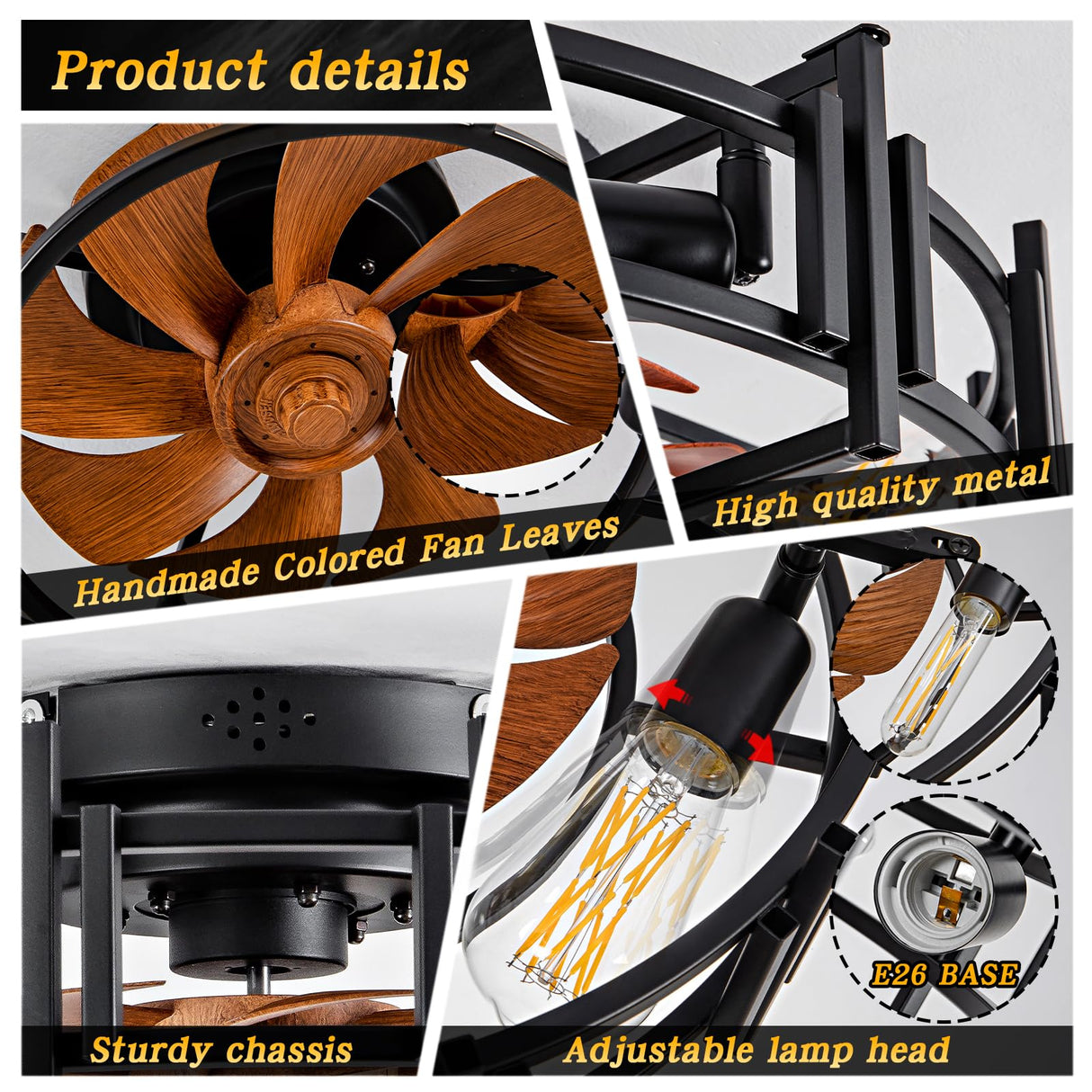 CREATE BRIGHT 20'' Modern Black Caged Ceiling Fans Low Profile Ceiling Fans with Lights and Remote,Timer,6 Speeds Quiet Reversible Dc Motor for Bedroom,Kitchen,Indoor CREATE BRIGHT