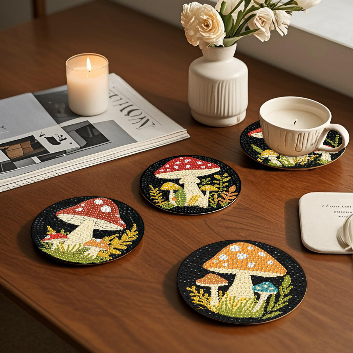 EWJRNSF 6 PCS 5D Diamond Painting Coasters Kits with Holder, Small Diamond Art Kits for Adults Beginners Diamond Dots Arts and Crafts Gems Supplies Item Mushroom Shaped EWJRNSF