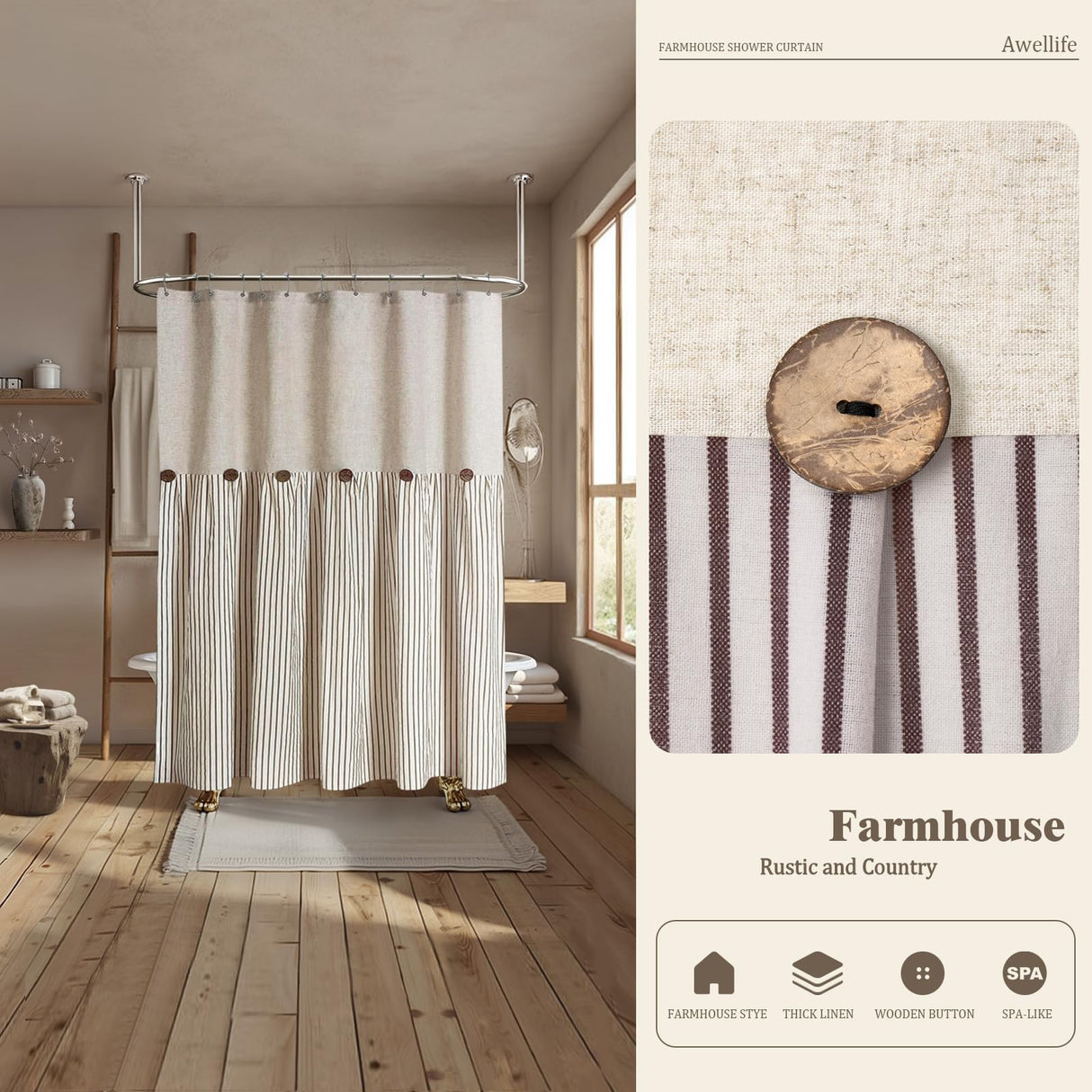 Awellife Linen Button Farmhouse Beige Shower Curtain,Linen and Cotton Woven Fabric,Pleated Brown Stripe,Country Style,72x72 Inch Awellife