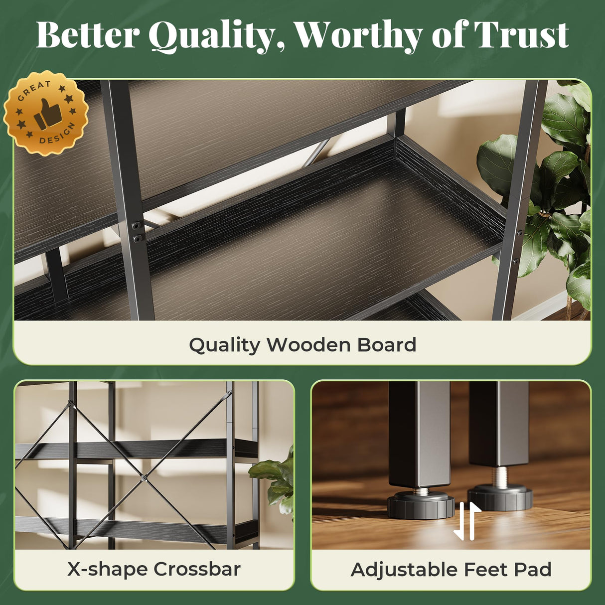 Huuger 5 Tier Bookshelf, Display Bookshelf with 10 Open Shelves and Raised Baffle, 47.2 Inch Straight Wide Bookcase with Metal Frame and Wooden Board, Adjustable Feet, Black Huuger