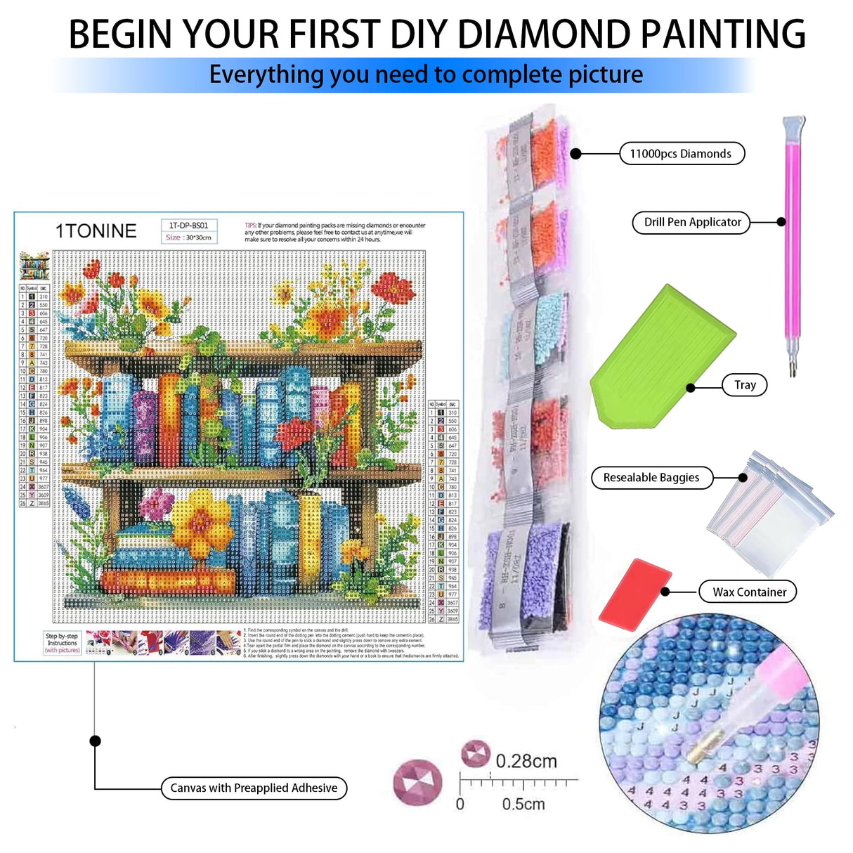 1tonine Flowers Bookshelf Diamond Art Painting Kits for Adults- 5D DIY Diamond dots for Beginners -Full Drill Round Diamond Gem Painting Kit Classroom Wall Art Decor Handmade Gift 1tonine