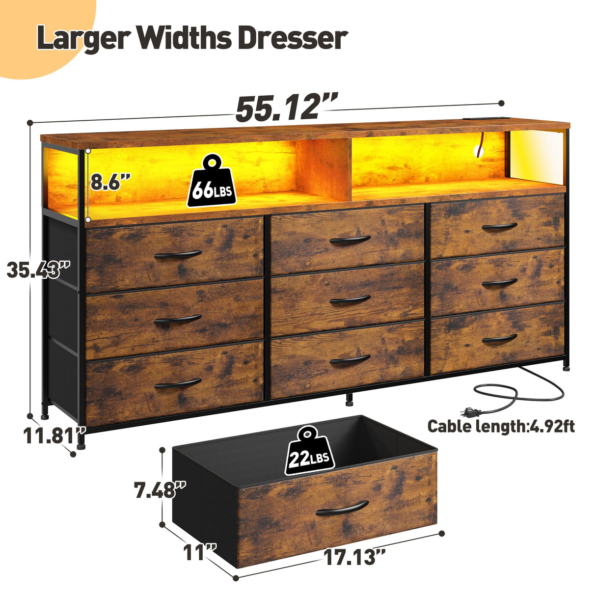 EnHomee 55” W Dresser, Rustic Brown Dresser for Bedroom with Power Outlet & LED Lights for 65" TV Stand for Bedroom Dresser with 9 Fabric Drawers, Long Sturdy Dressers for Bedroom, Closet, Entryway EnHomee