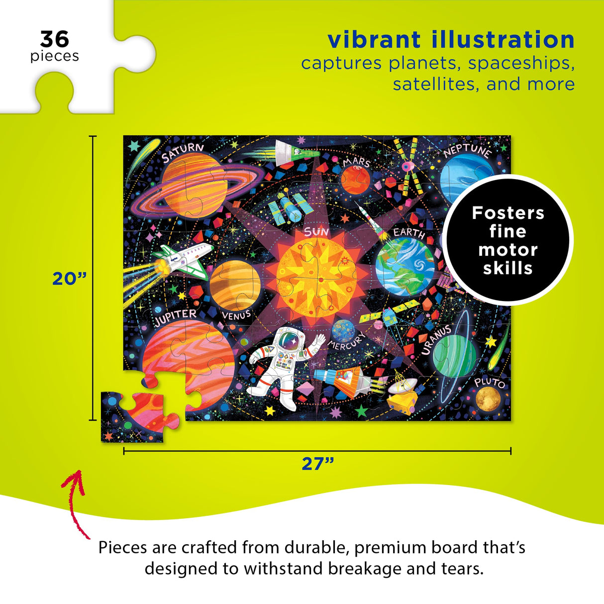 Crocodile Creek 36-Piece Jigsaw Floor Puzzle - Fun Floor Puzzles for Kids Ages 3-5 - Heavy-Duty Shaped Box for Storage - Space Explorer - 27" W x 20" H Finished Crocodile Creek