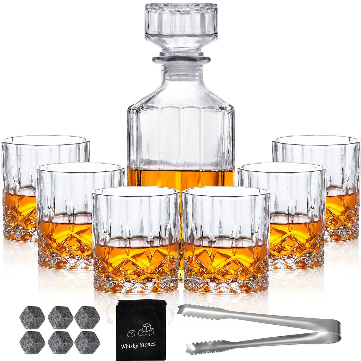 Whiskey Decanter Set for Men, Whiskey Glasses and Decanter with Cooling Stones Clear Glass Whisky Liquor Decanter Set for Whiskey Bourbon Rum Men Fathers'Gift INFTYLE