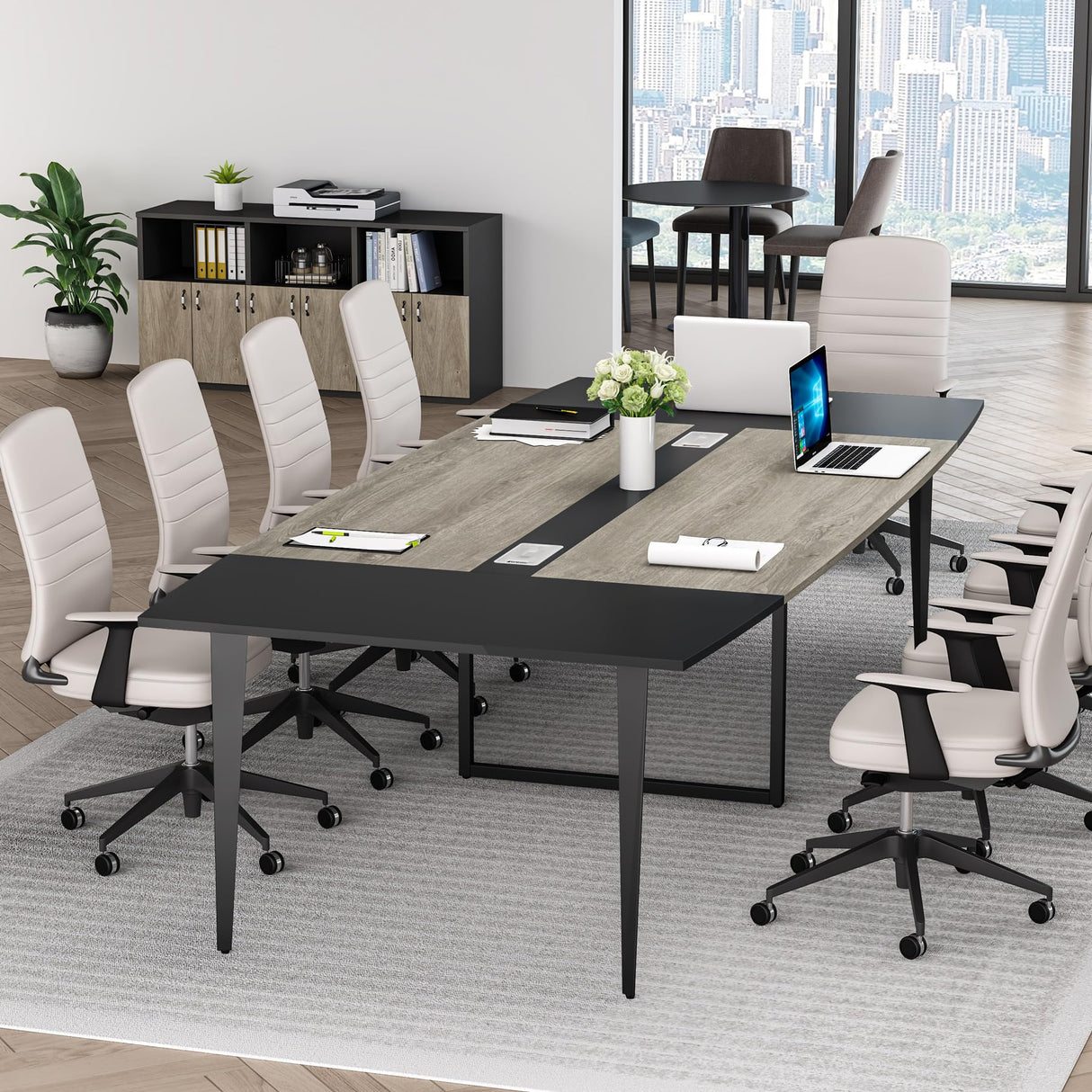 Tribesigns 8FT Conference Table, 94.48L x 47.21W x 29.52H Inches Boat Shaped Meeting Table with Rectangle Grommet, Modern Seminar Boardroom Table for Office Conference Room (Grey & Black, 8ft) Tribesigns