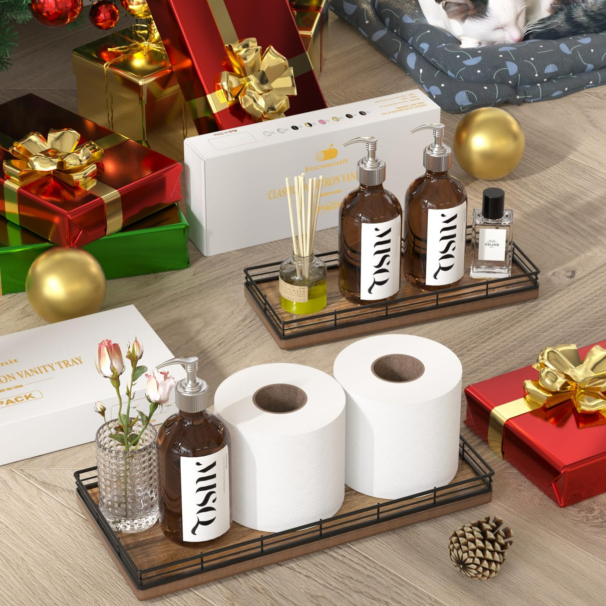 Acacia Bathroom Toilet Tank Tray, 13" Wood Toilet Paper Storage Basket Back of Toilet Basket Organizer, Vanity Tray for Perfume Makeup Candle Kitchen Counter Coffee Table Decor Focusonit