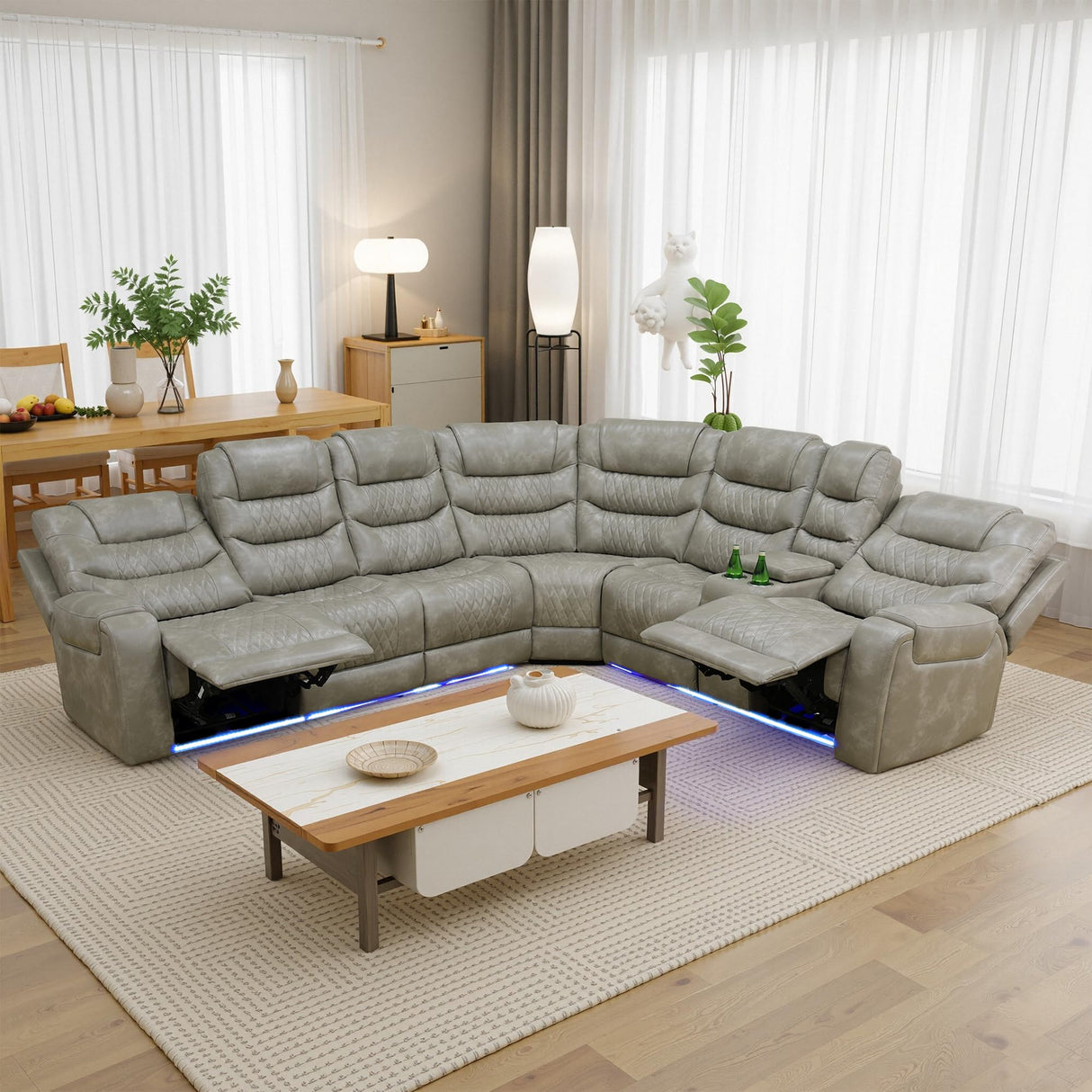 Power Air Leather Reclining Sofa with LED,Leather Recliner Sectional Couch for Living Room, Reclining Couches with Cup Holders Hide-Away Storage (Grey, Sectional) Pon Living Furniture Inc