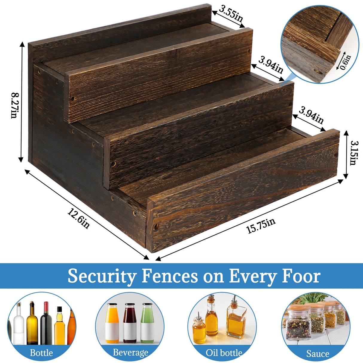 ERTIUANIO 3 Step Real Wood Countertop Liquor Bottle Display Shelf, 12 Bottle Freestanding Bar Shelves with Fences, Home Retro Wine Rack Storage Organizer, Whiskey Coffee Syrup Display Stand ERTIUANIO