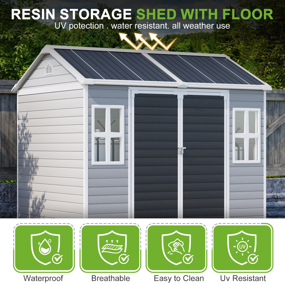 8X6 Shed Plastic Outdoor Storage with Floor & Lockable Doors, All Weather Resin Lean to Sheds with Window and Vents, Garden Tool Cabinet for Bike,Toy, Lawnmower WACASA