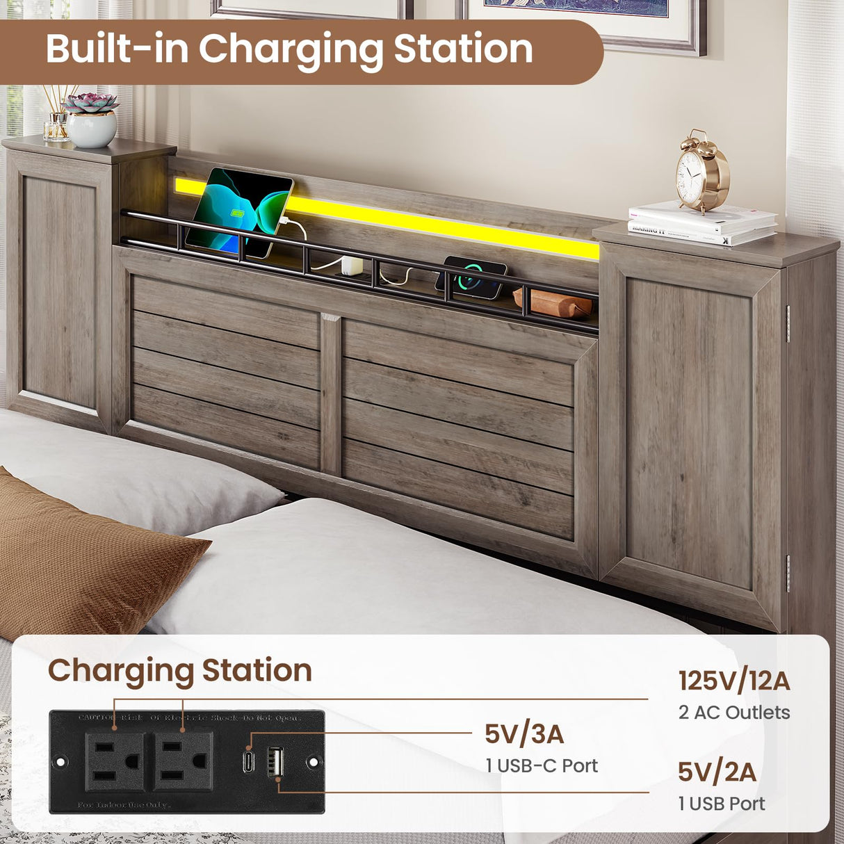 VIAGDO Farmhouse Queen Bed Frame with Headboard and Double Barn Door Storage Cabinets, Rustic Wooden Bed Frame Queen Size with Charging Station, 4 Drawers and LED Lights, No Box Spring Needed, Grey VIAGDO